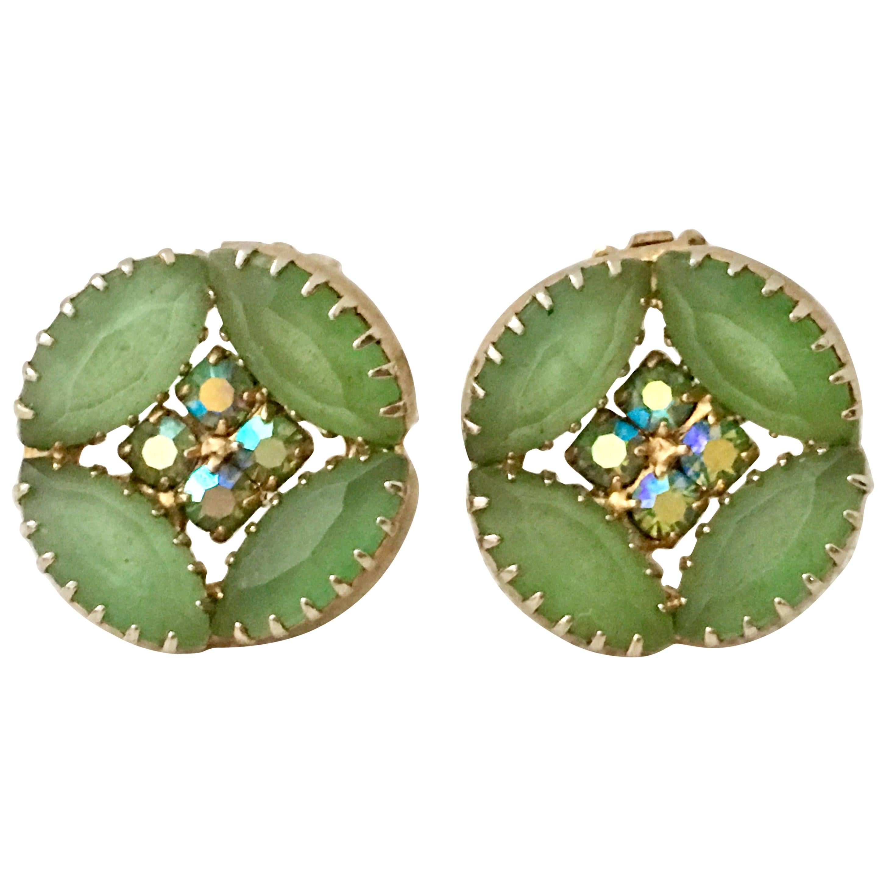 60'S Pair Of Frosted Art Glass & Swarovski Crystal Gold Tone Earrings For Sale