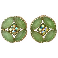 60'S Pair Of Frosted Art Glass & Swarovski Crystal Gold Tone Earrings