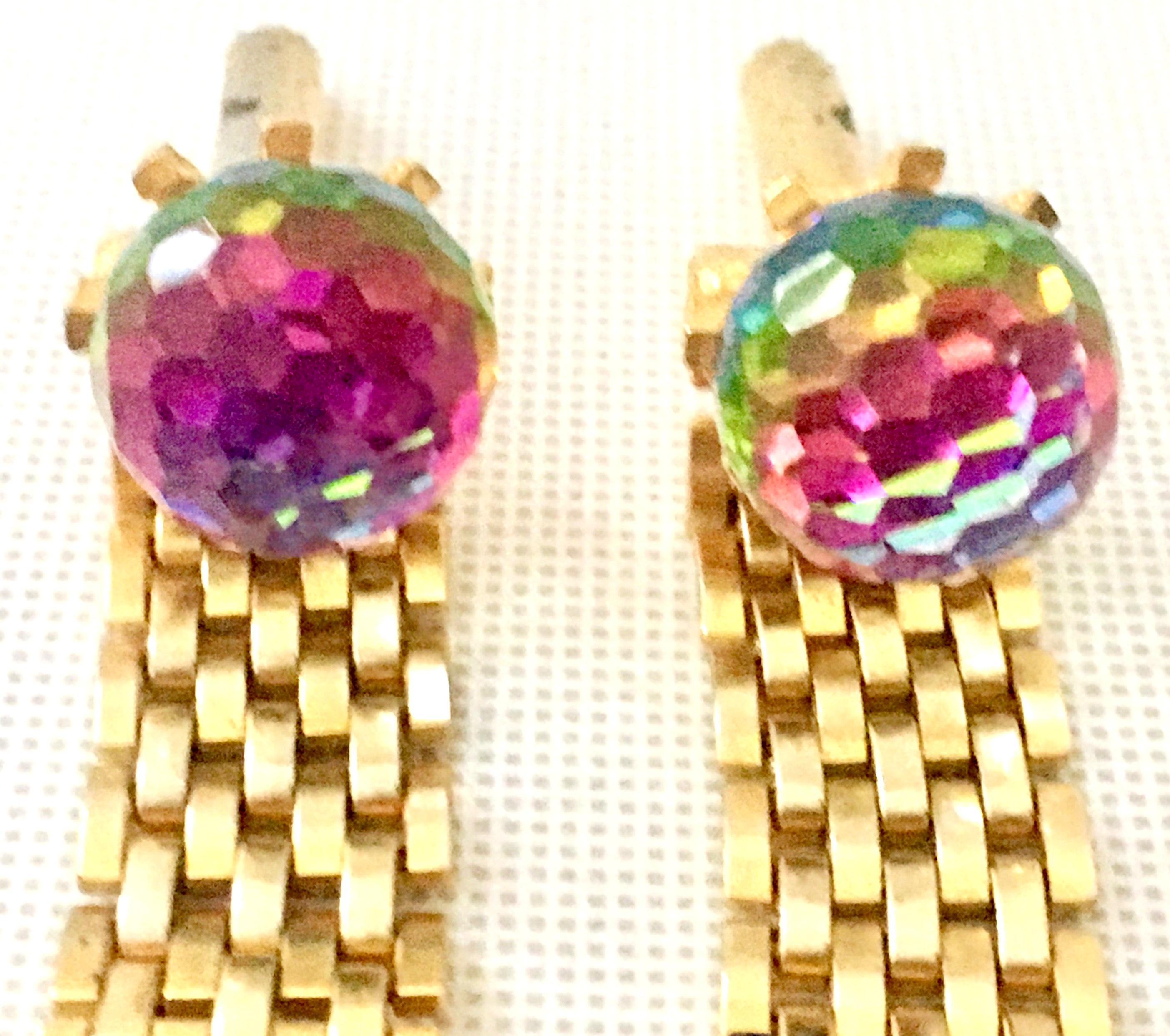 60'S Pair Of Gold Metal Mesh & Cut Crystal Ball Cuff Links By, Dante For Sale 2