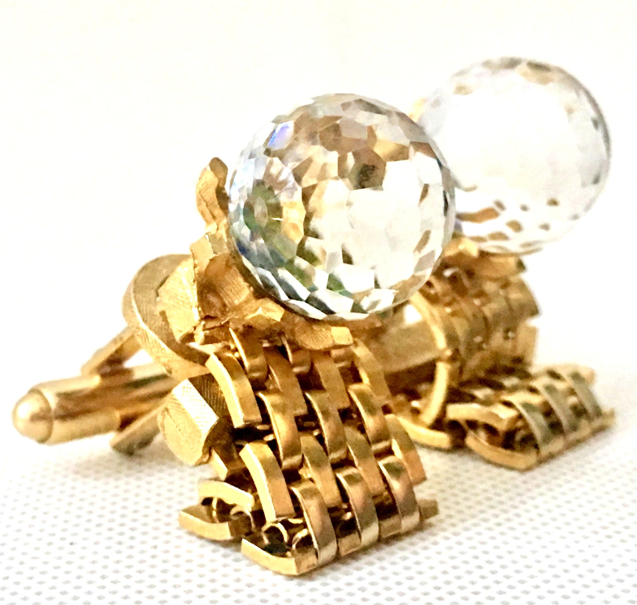 Women's or Men's 60'S Pair Of Gold Metal Mesh & Cut Crystal Ball Cuff Links By, Dante For Sale