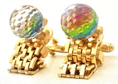 60'S Pair Of Gold Metal Mesh & Cut Crystal Ball Cuff Links By, Dante