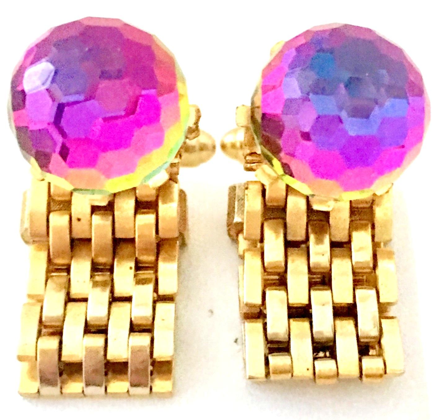 60'S Pair Of Gold Metal Mesh & Cut Crystal Ball Cuff Links By, Dante For Sale 1