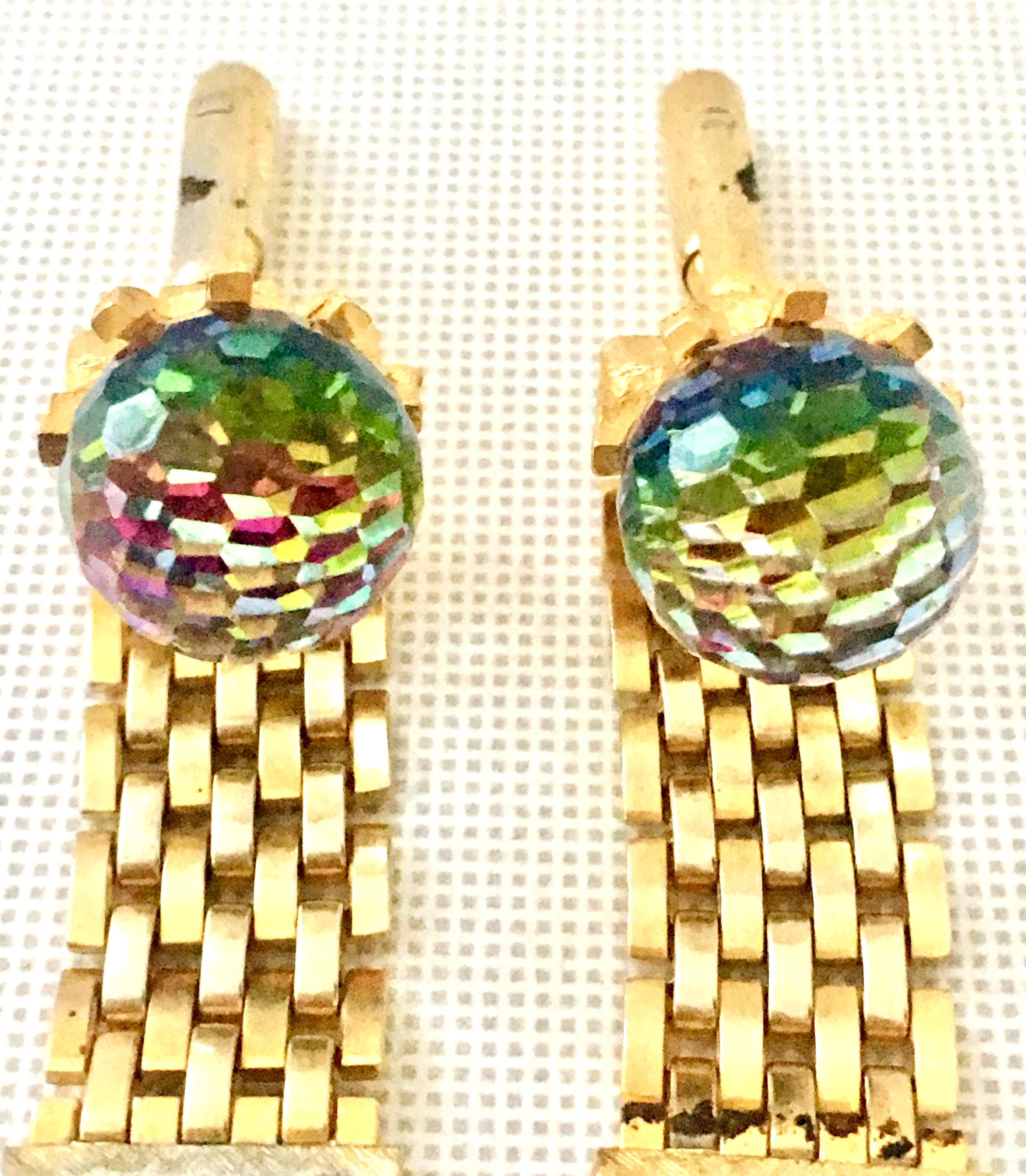 60'S Pair Of Gold Metal Mesh & Cut Crystal Ball Cuff Links By, Dante For Sale 3