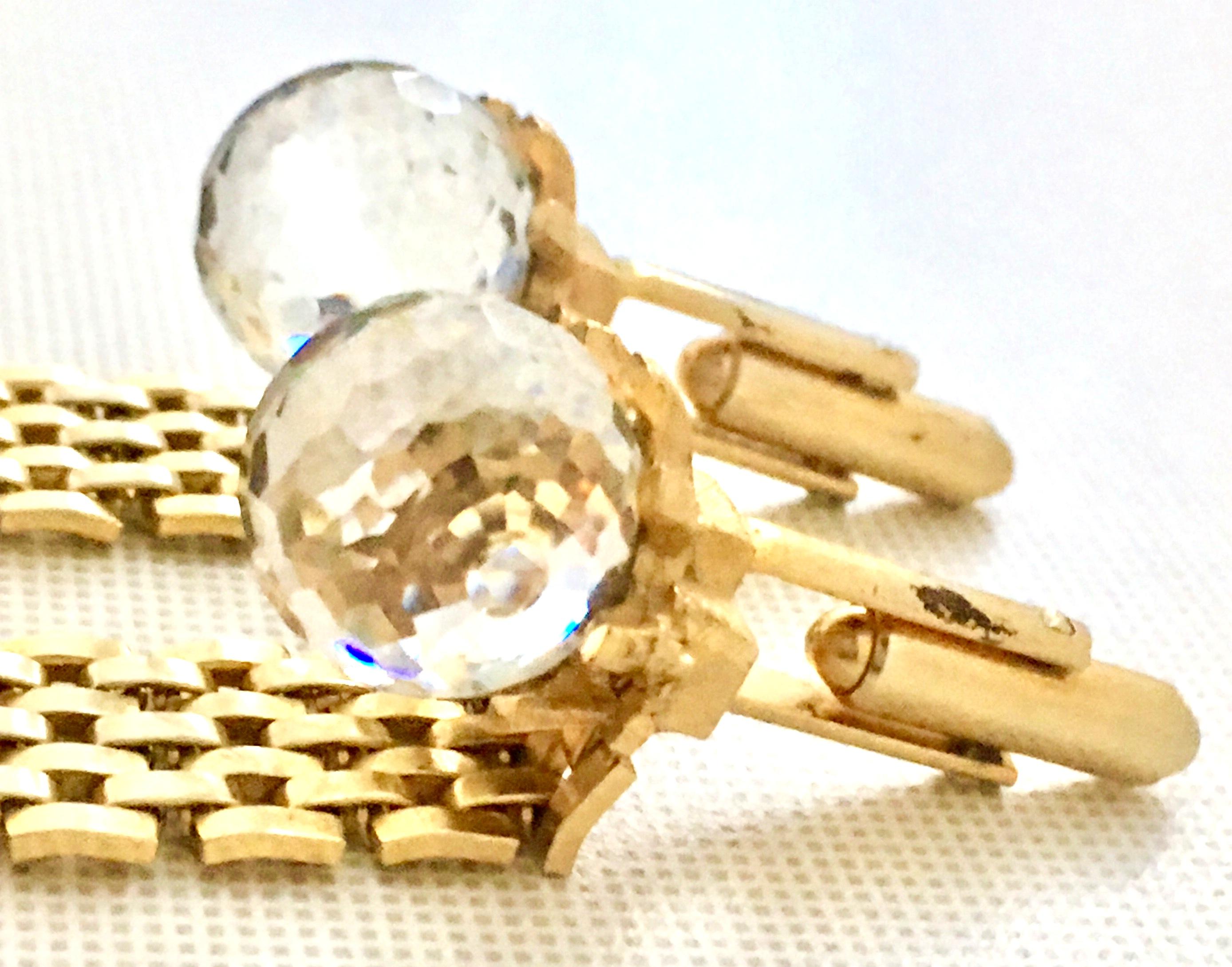 60'S Pair Of Gold Metal Mesh & Cut Crystal Ball Cuff Links By, Dante For Sale 4