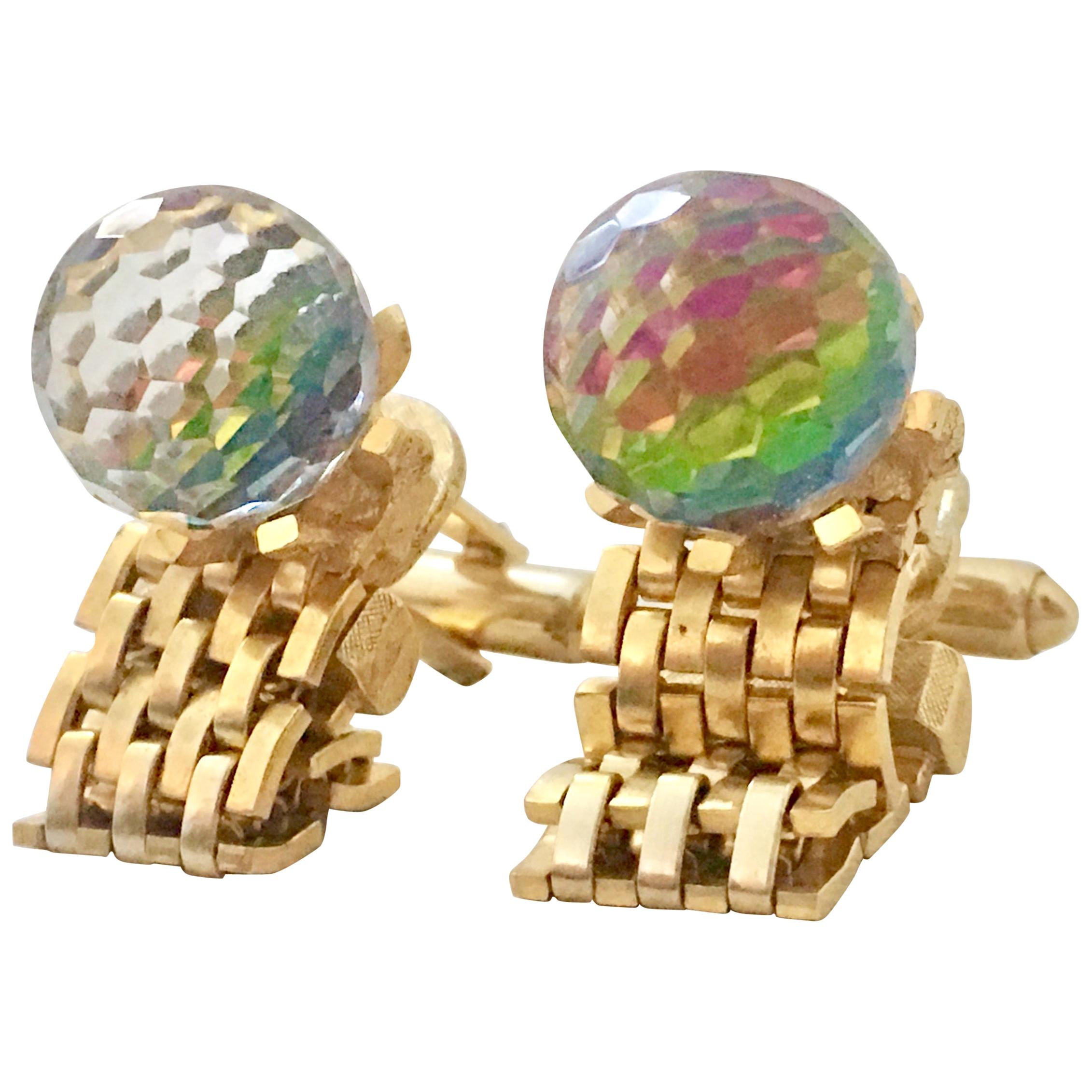 60'S Pair Of Gold Metal Mesh & Cut Crystal Ball Cuff Links By, Dante For Sale