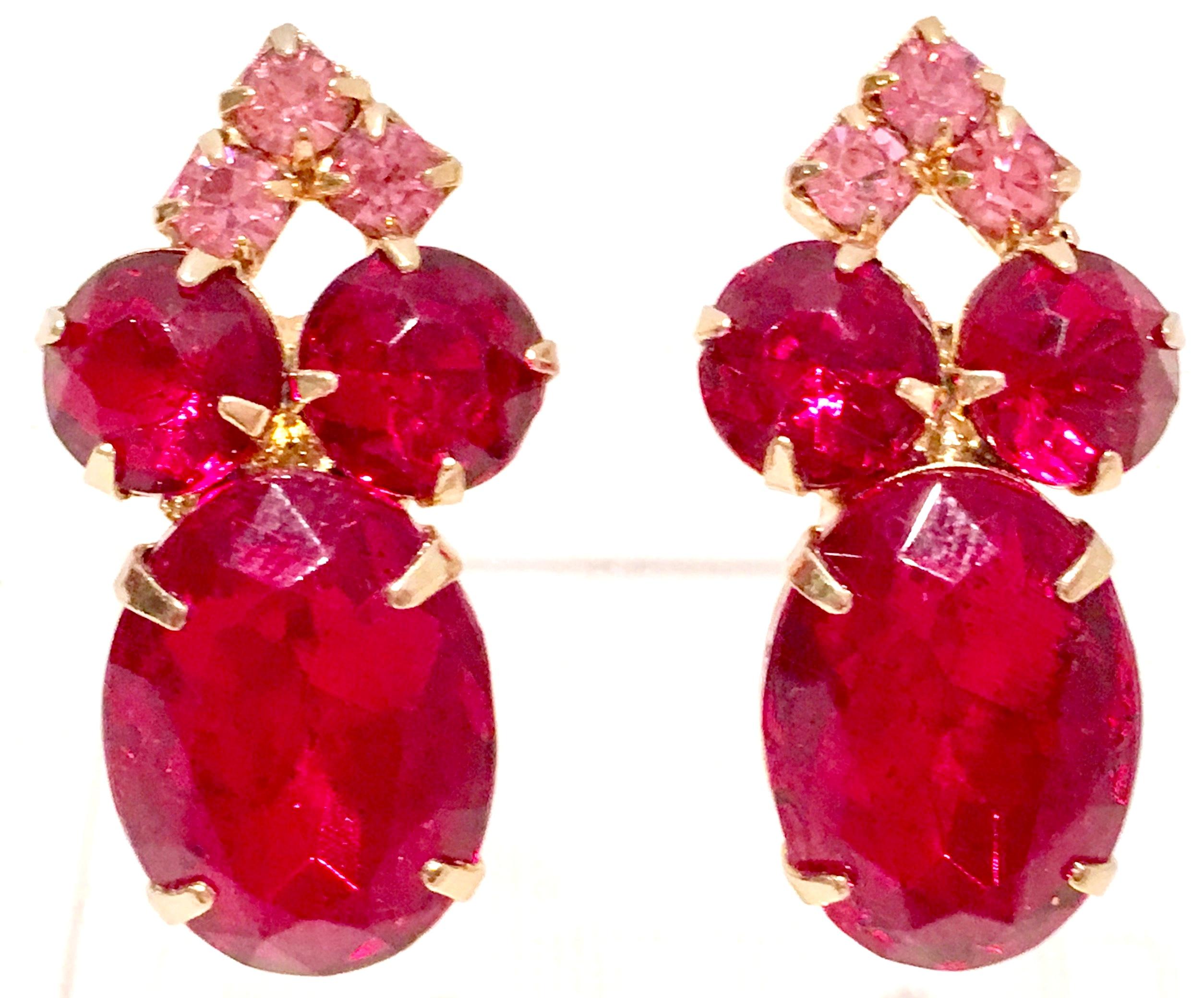 60'S Pair Of Gold & Swarovksi Crystal Ruby Earrings In Good Condition In West Palm Beach, FL