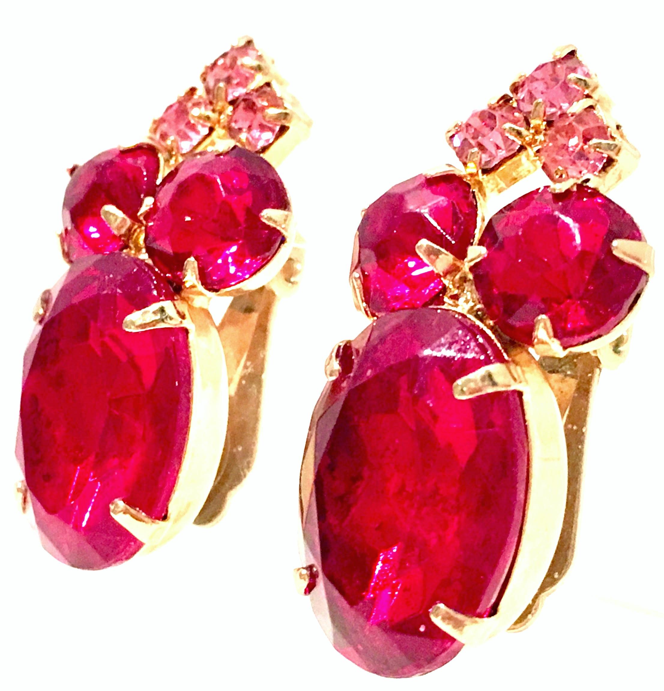 Women's 60'S Pair Of Gold & Swarovksi Crystal Ruby Earrings