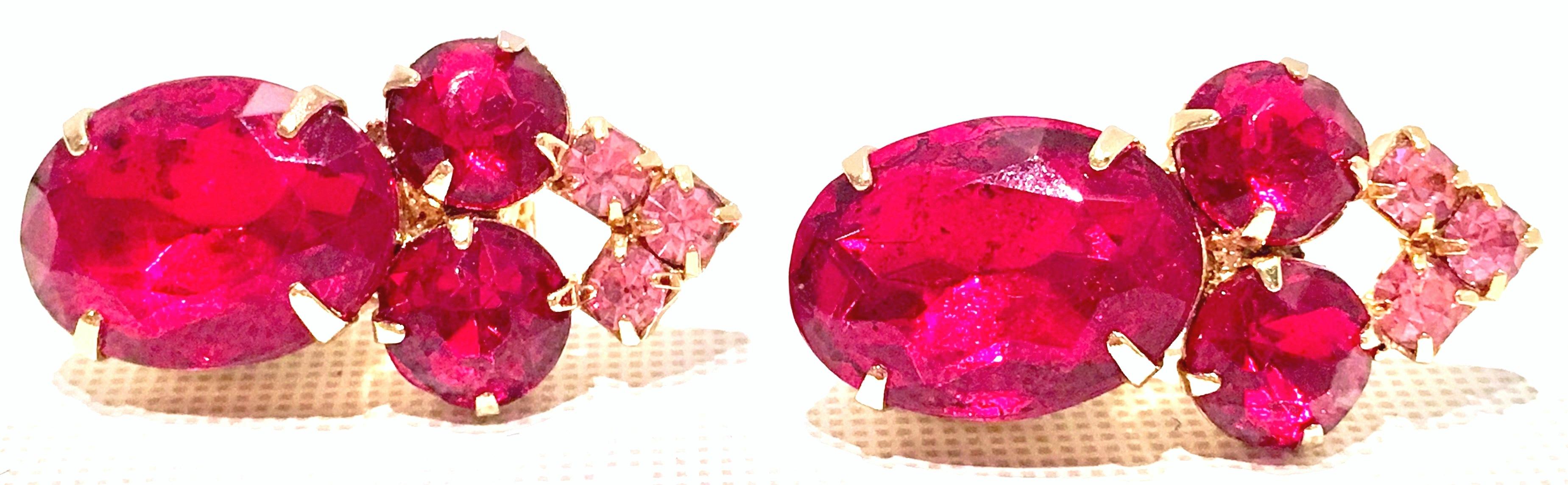 60'S Pair Of Gold & Swarovksi Crystal Ruby Earrings 1