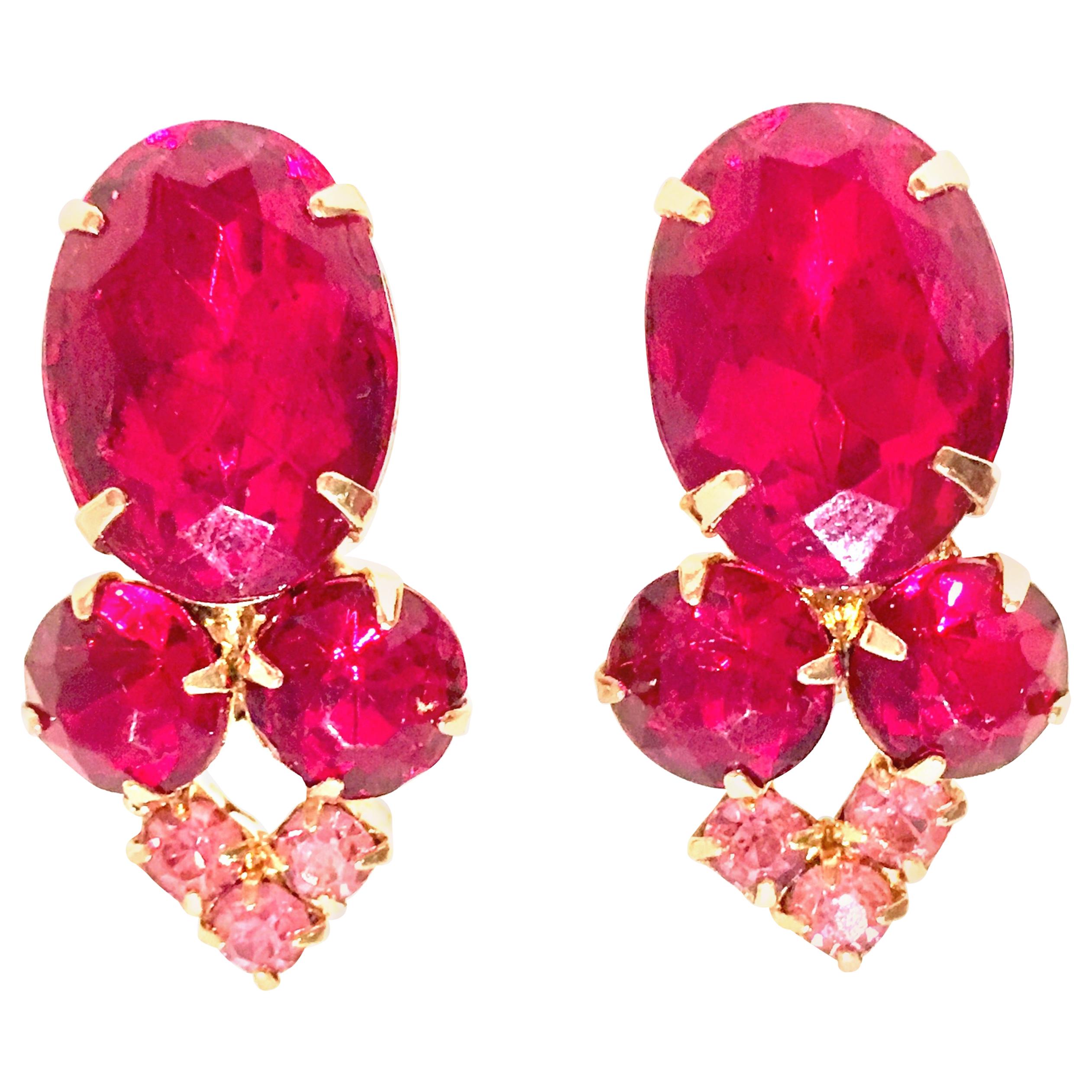 60'S Pair Of Gold & Swarovksi Crystal Ruby Earrings