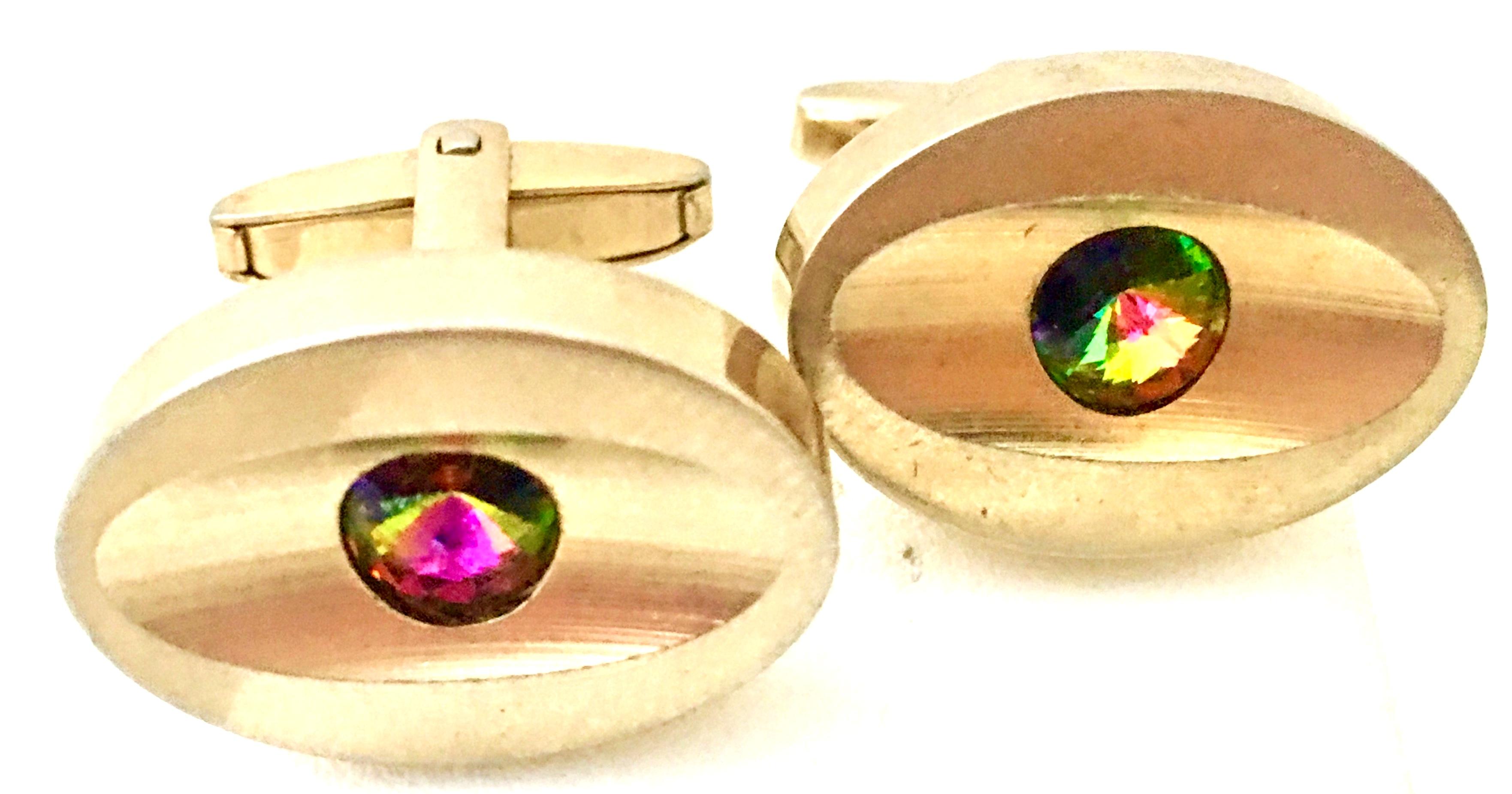 60'S Pair Of Gold & Watermelon Crystal Cuff Links By Sarah Coventry In Good Condition In West Palm Beach, FL