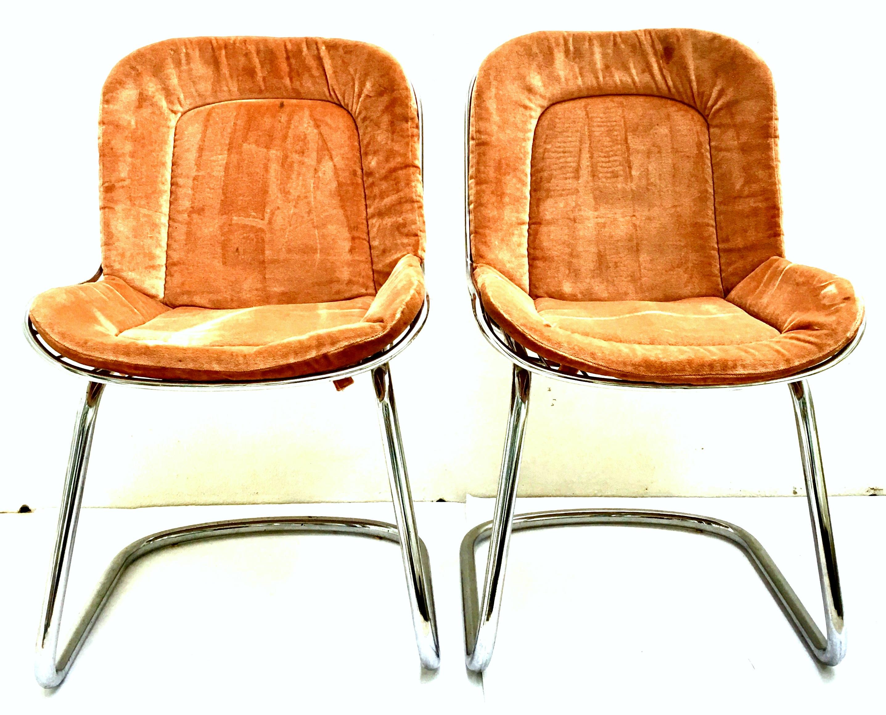 1960's Pair of Italian Gastone Rinaldi style chrome tubular wire slipper side chairs. Includes, original pair of orange velvet removable one piece (seat & back) cushions.