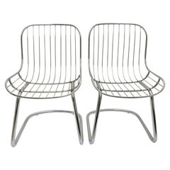 1960s Pair of Italian Gastone Rinaldi Style Chrome Wire Cantilever Chairs