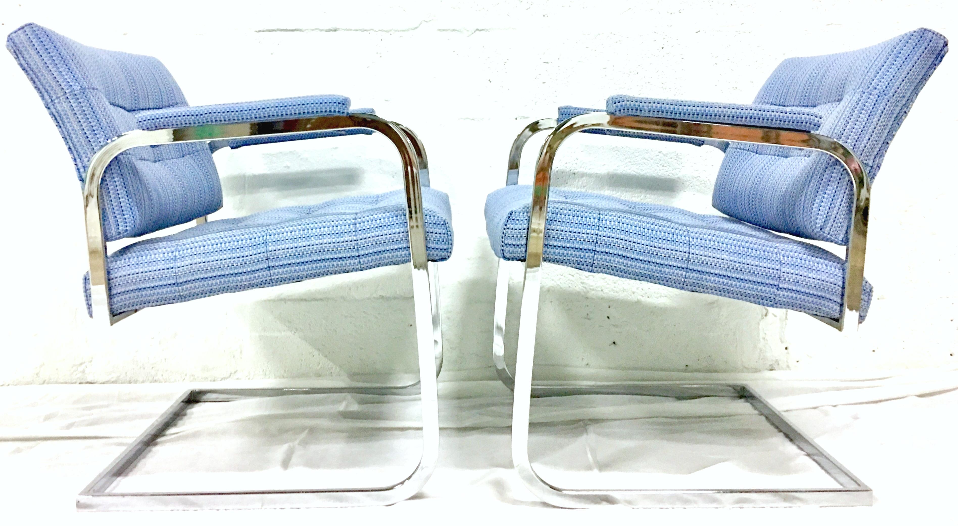Mid-Century Modern 1960'S Pair of Milo Baughman Style Upholstered Chrome Armchairs By Patrician