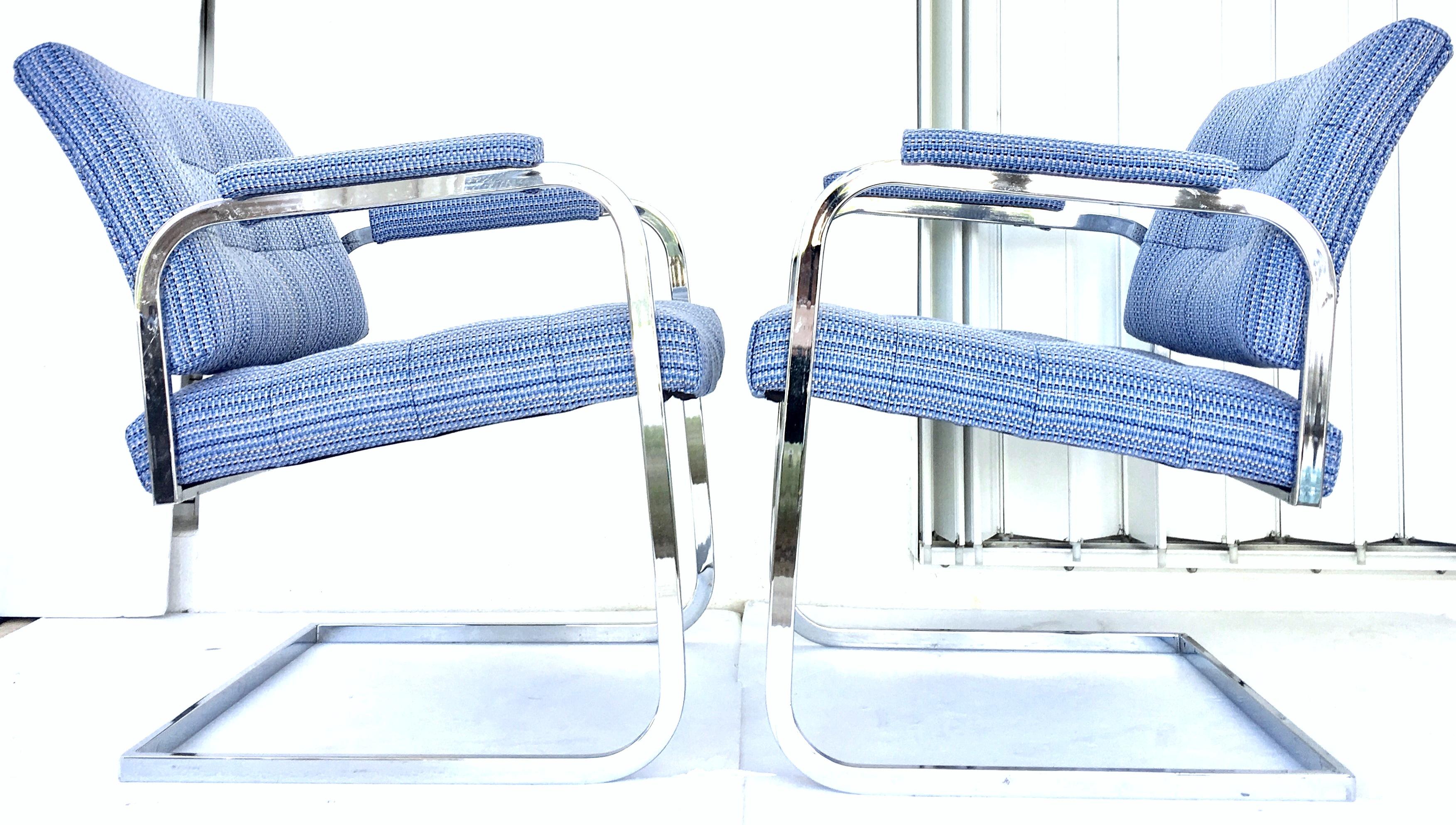 Mid-Century Modern 1960s Pair of Milo Baughman Style Upholstered Chrome Armchairs by, Patrician For Sale