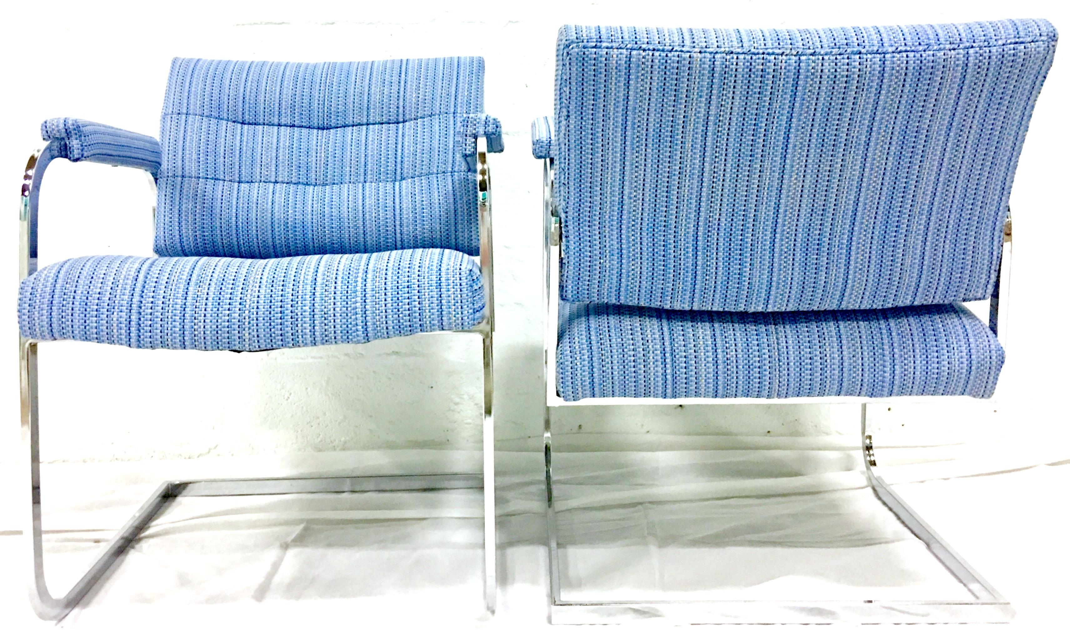 American 1960'S Pair of Milo Baughman Style Upholstered Chrome Armchairs By Patrician