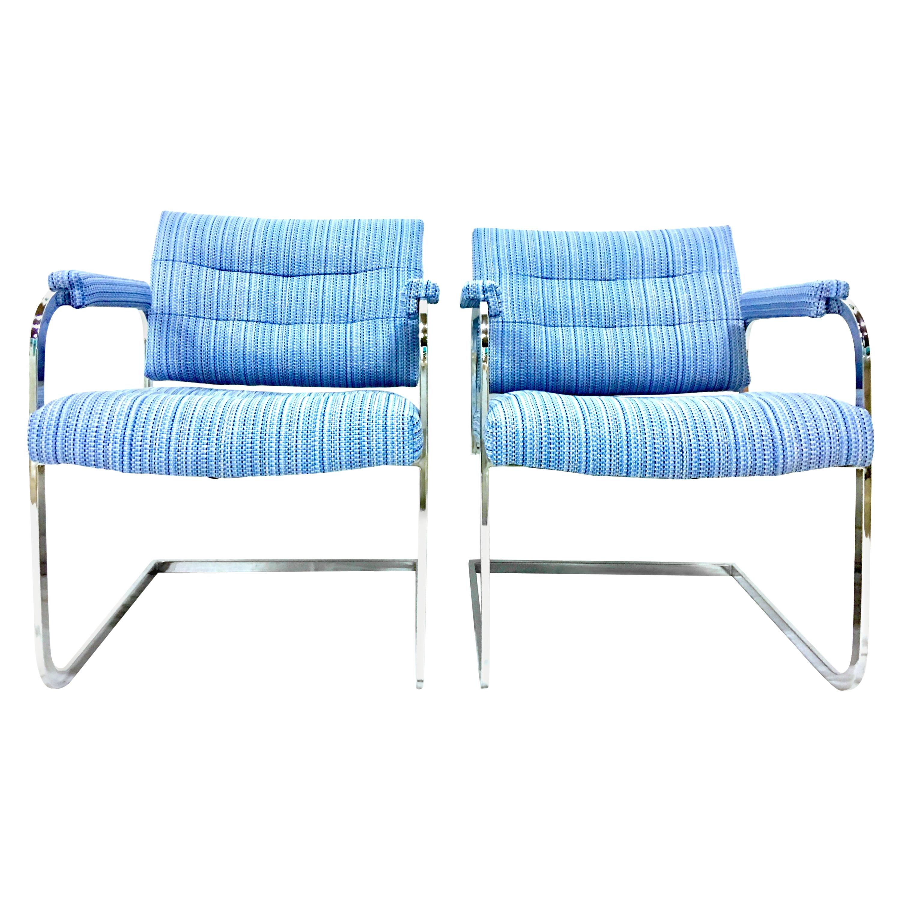 1960s Pair of Milo Baughman Style Upholstered Chrome Armchairs by, Patrician For Sale