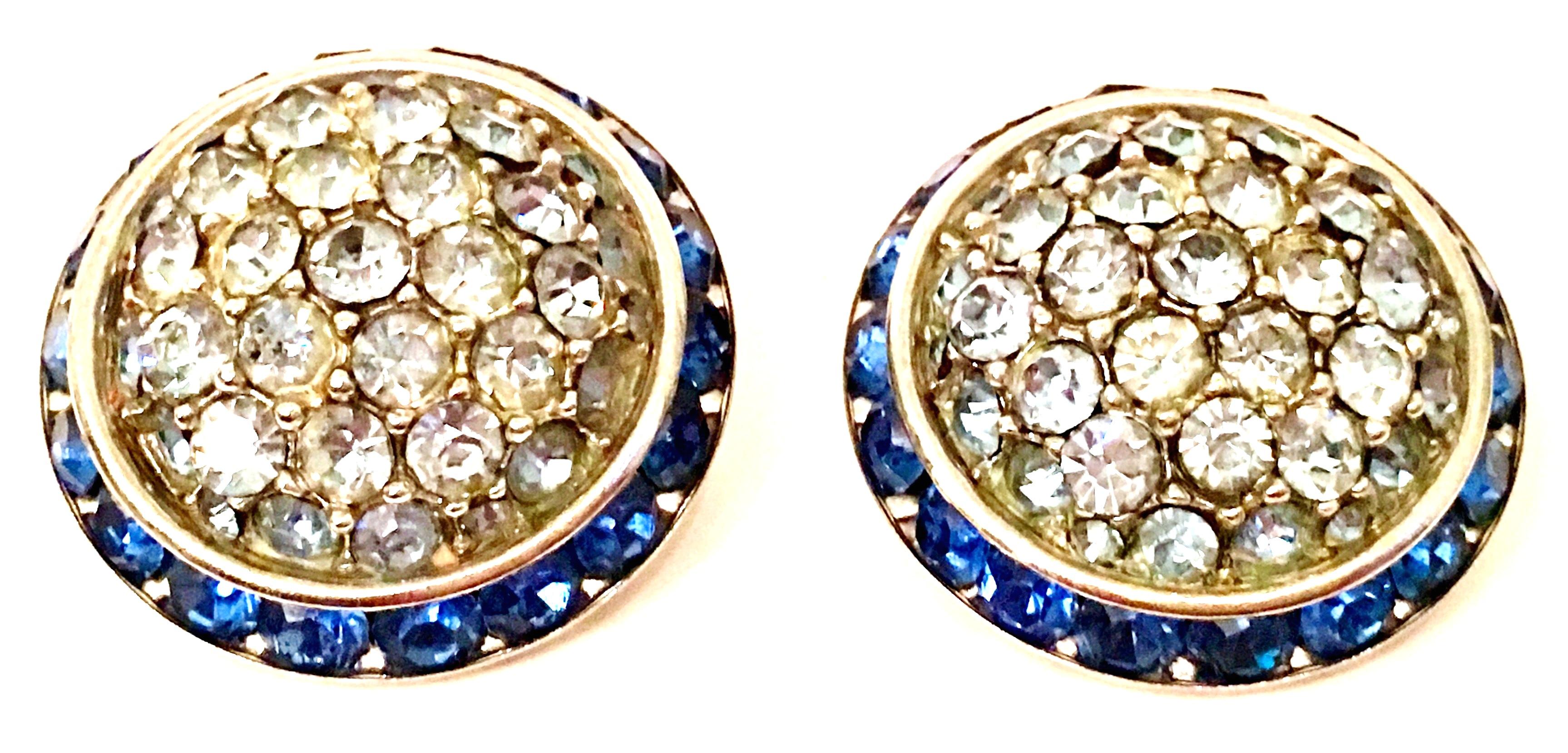 60'S Pair Of Silver & Blue Sapphire Crystal Dome Earrings By Coro In Good Condition In West Palm Beach, FL