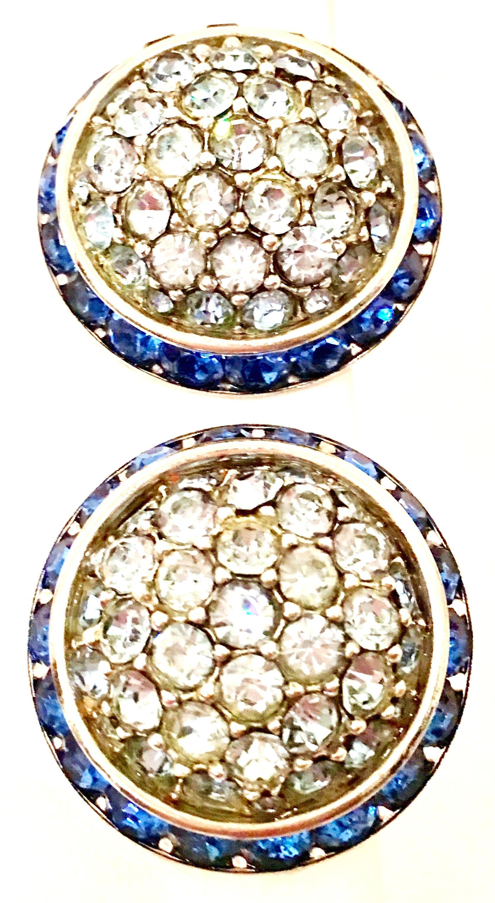 Women's 60'S Pair Of Silver & Blue Sapphire Crystal Dome Earrings By Coro