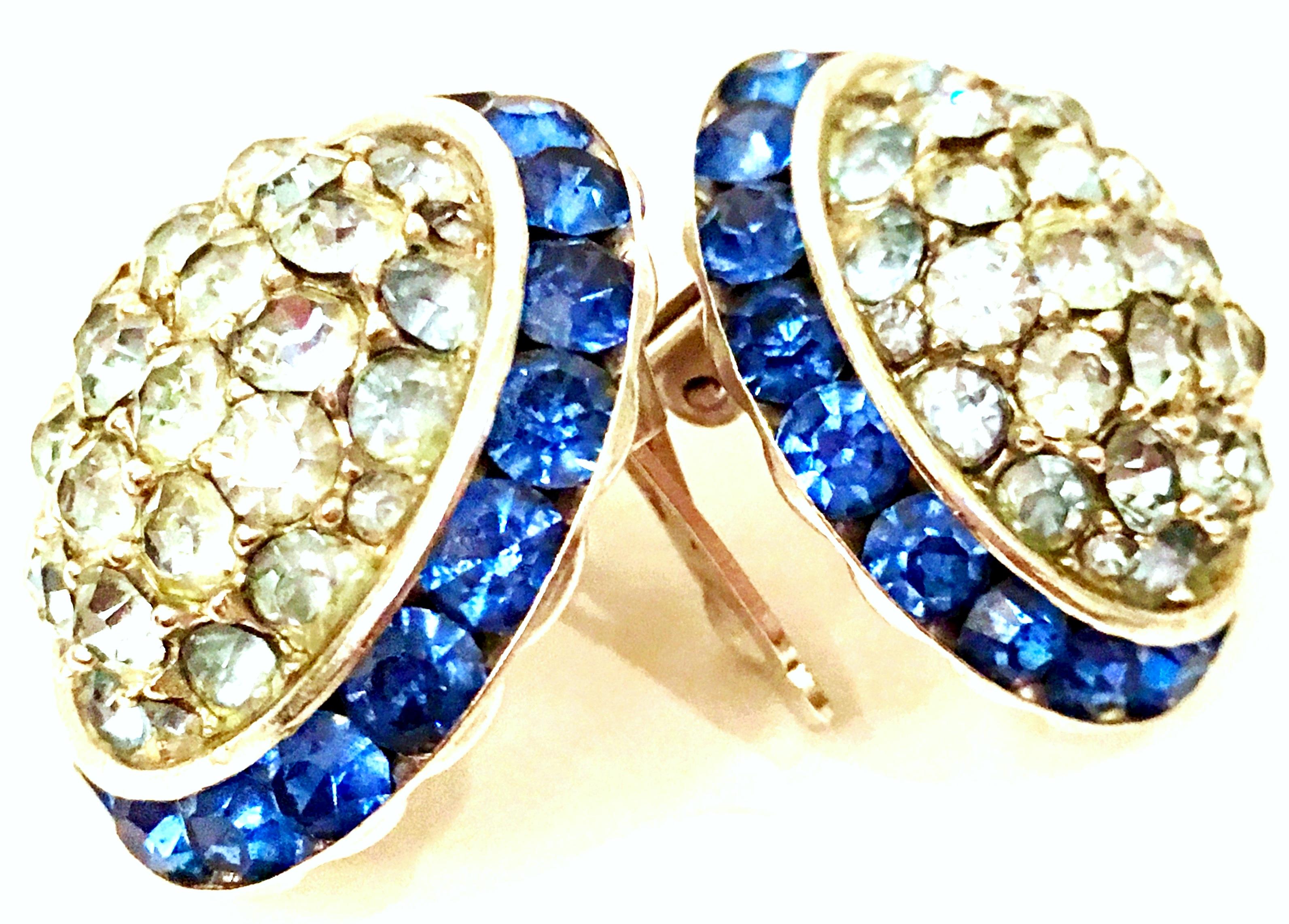60'S Pair Of Silver & Blue Sapphire Crystal Dome Earrings By Coro 1