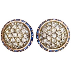 Retro 60'S Pair Of Silver & Blue Sapphire Crystal Dome Earrings By Coro