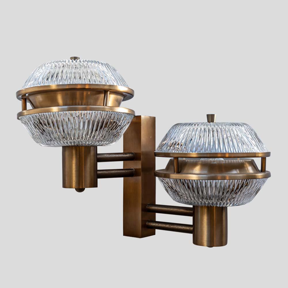 Mid-Century Modern 60s Pair of wall lights bronzed steel glass design attributed to Sergio Mazza For Sale