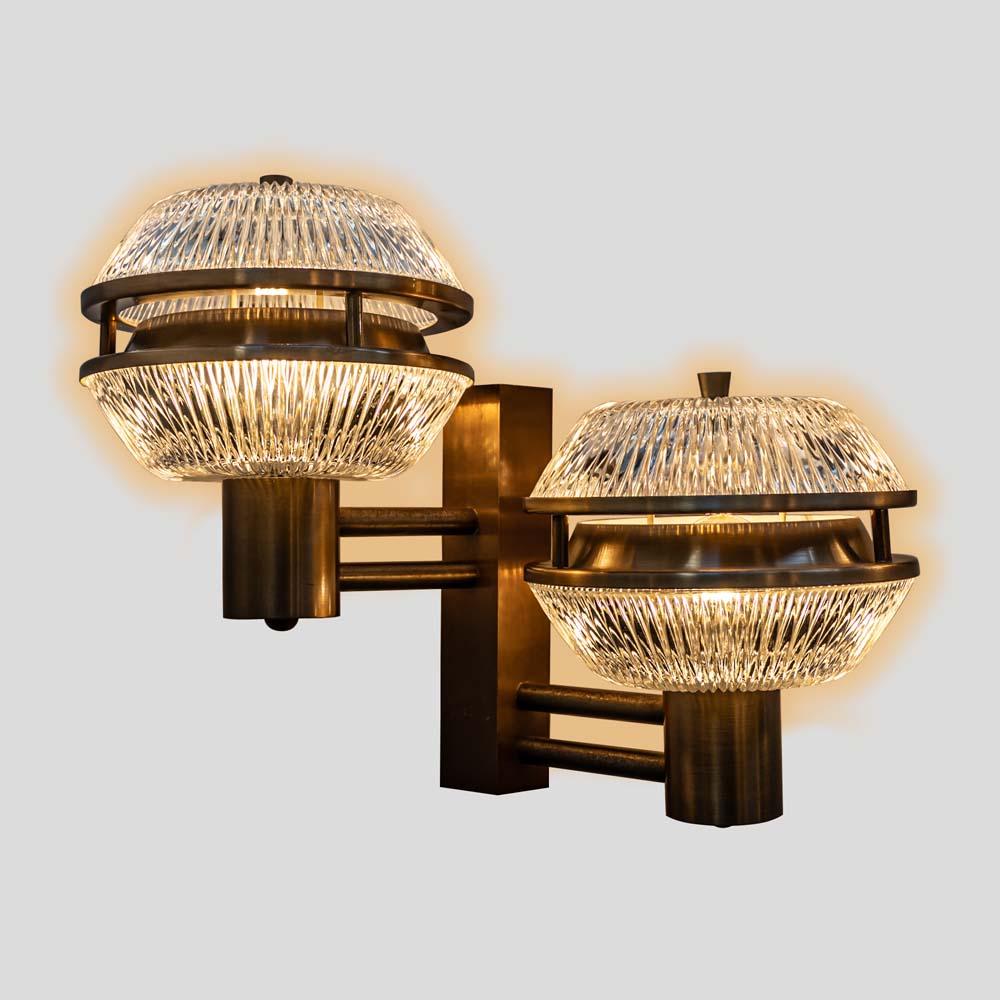 Italian 60s Pair of wall lights bronzed steel glass design attributed to Sergio Mazza For Sale