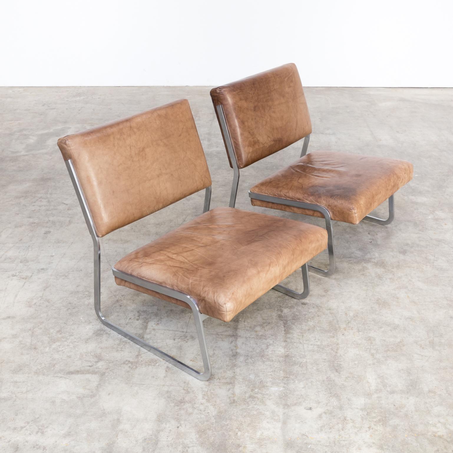 Mid-20th Century 1960s Paul Sumi Steel Framed Leather Lounge Chairs for Lübke & Rolf Set of 2 For Sale