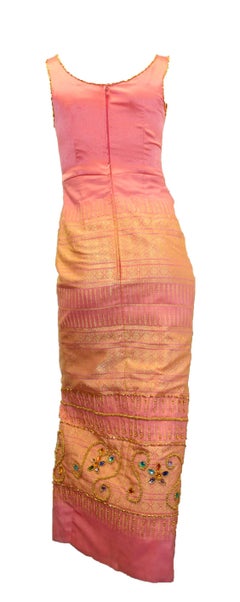 60s Pink Satin Embroidered and Hand Beaded Evening Dress