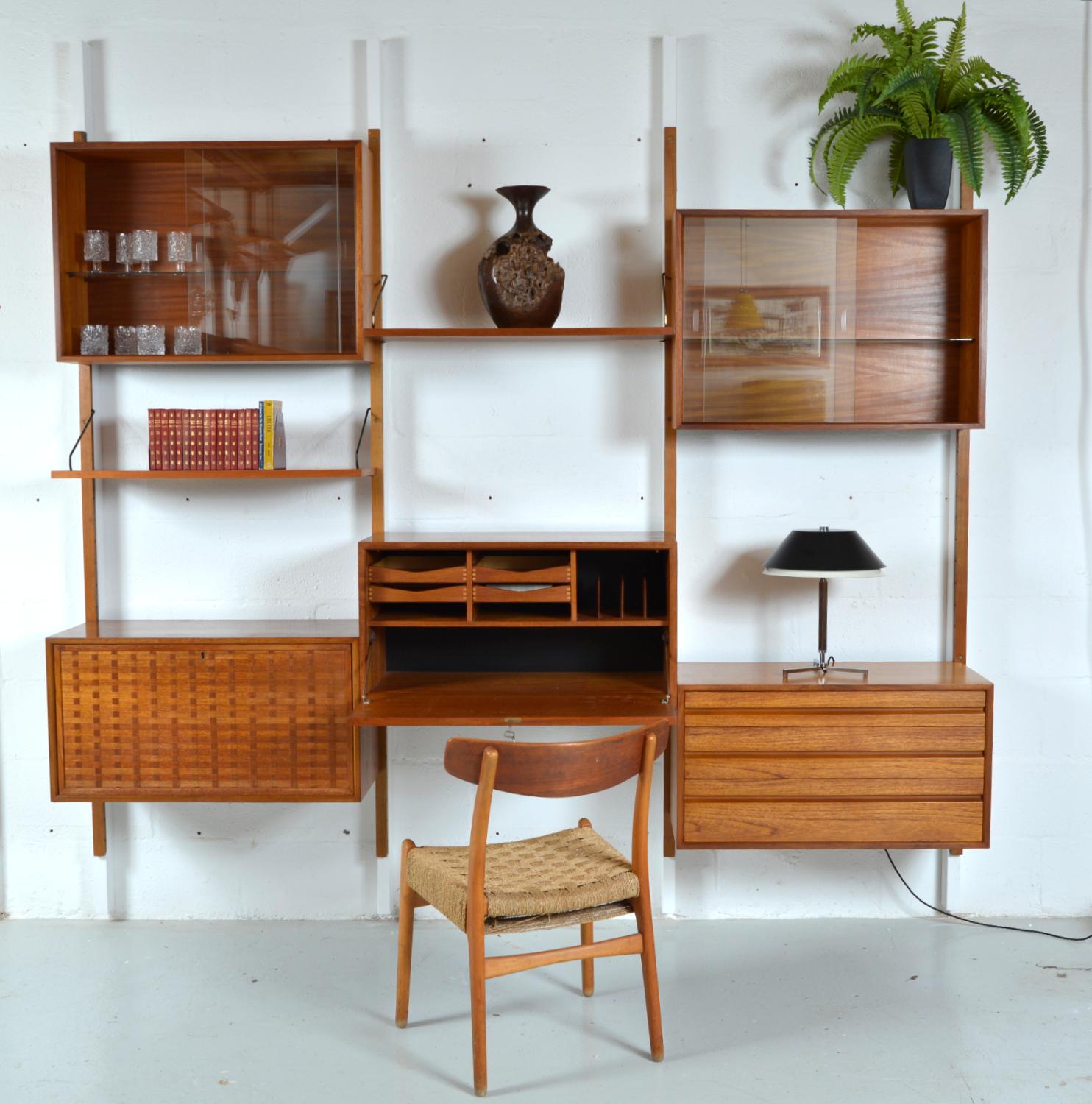 20th Century 60s Poul Cadovius Modular Teak 3-Bay Danish Royal System Wall Unit Shelving Desk