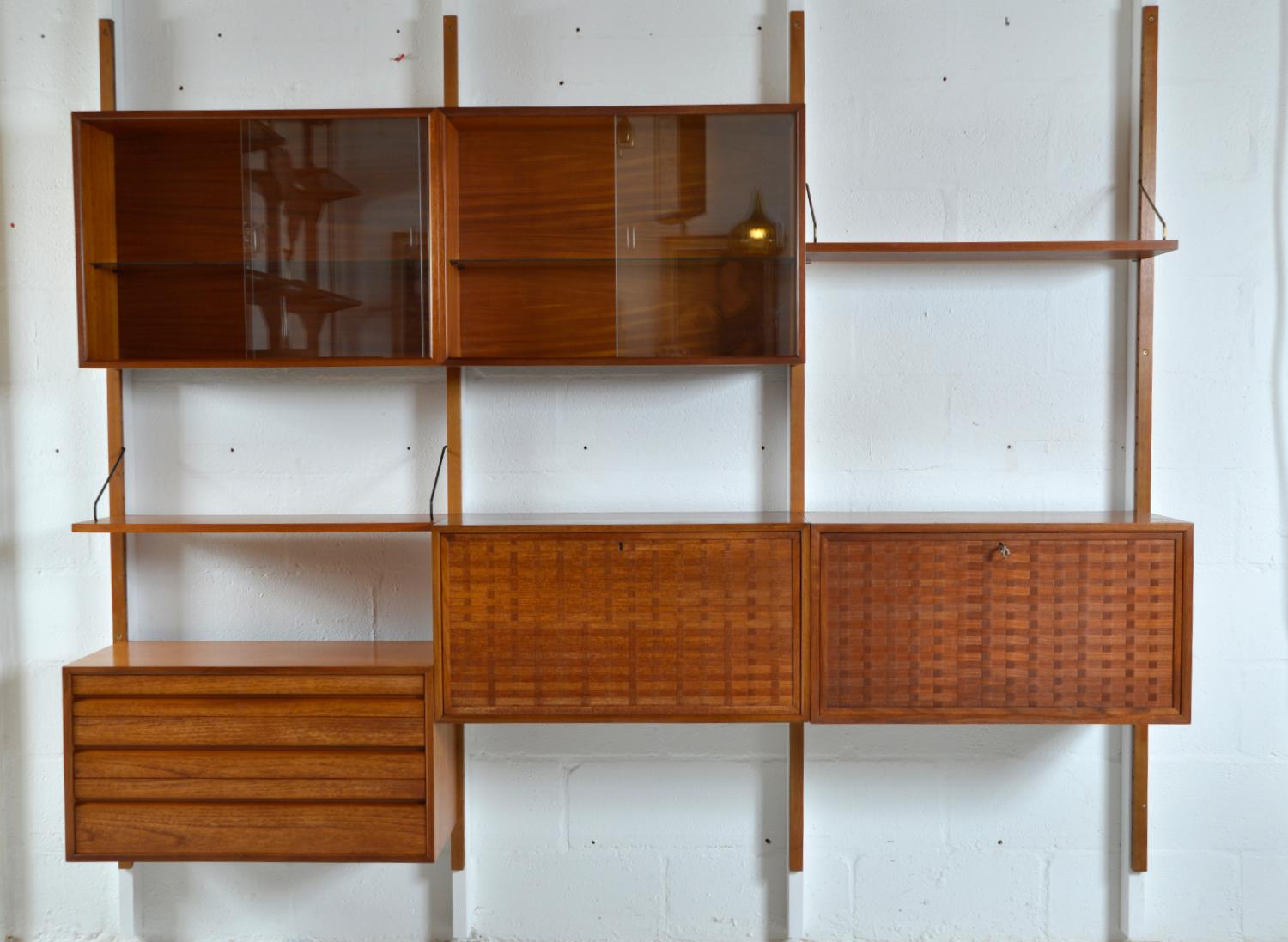 60s Poul Cadovius Modular Teak 3-Bay Danish Royal System Wall Unit Shelving Desk 1