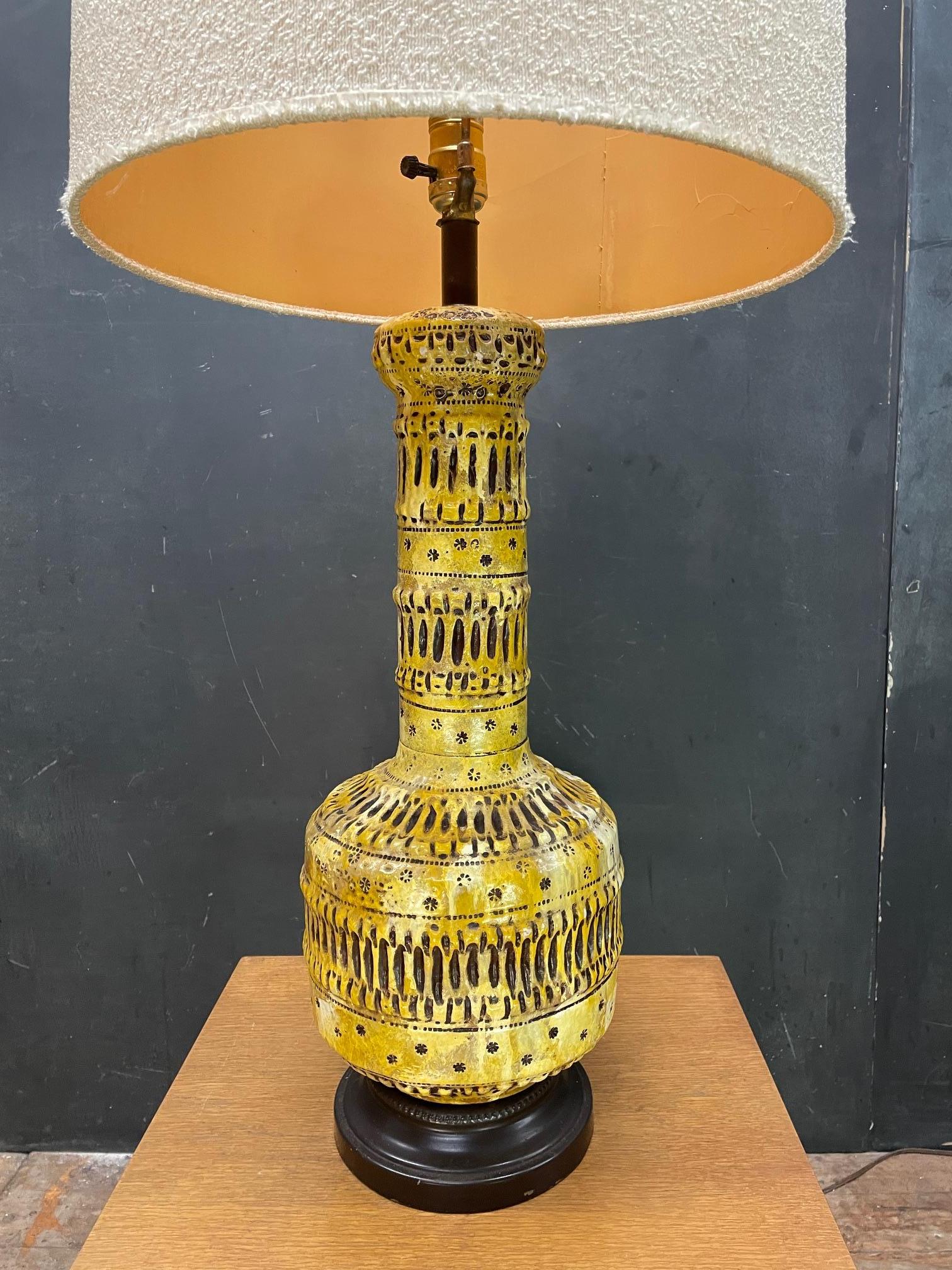 Extremely heavy polychromed plaster molded lamp.  Seems like a baked on type enamel.  Very much in the Italian Bitossi style.  We assume these were produced in the US, however, the mold or lamp body may have been created/designed in Italy. This lamp