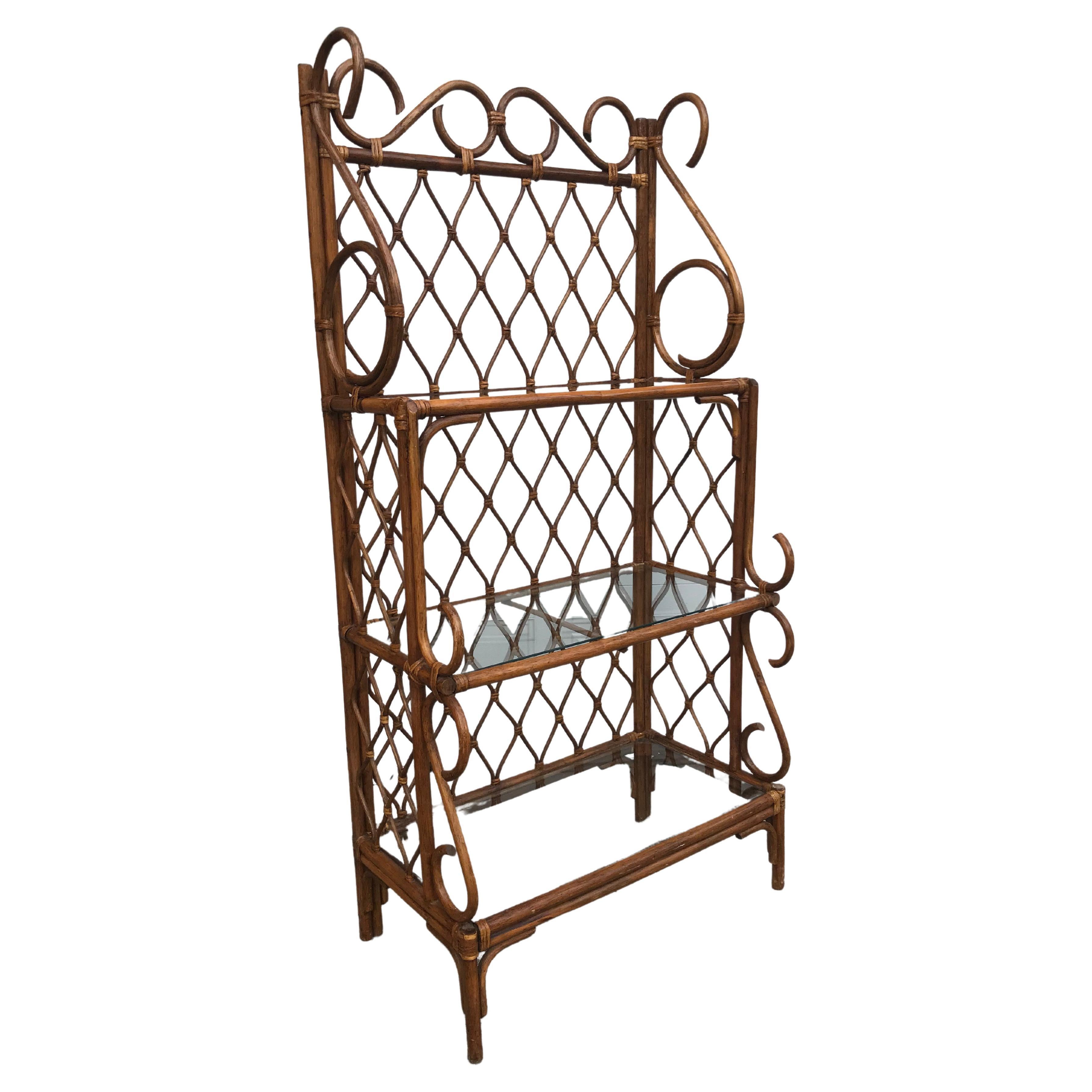 60s Rattan 3-Tiered Glass Shelf Etagère For Sale