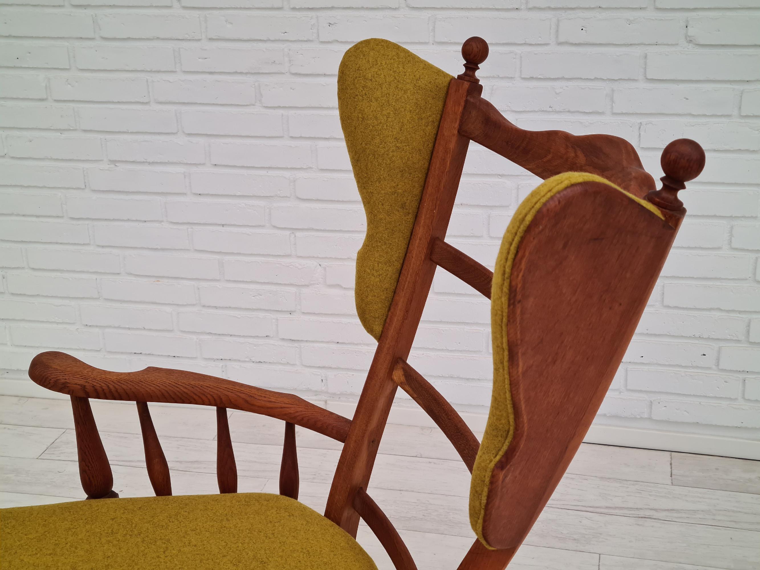 60s, reupholstered Danish high-backed ear flap chair, solid oak, furniture wool 6