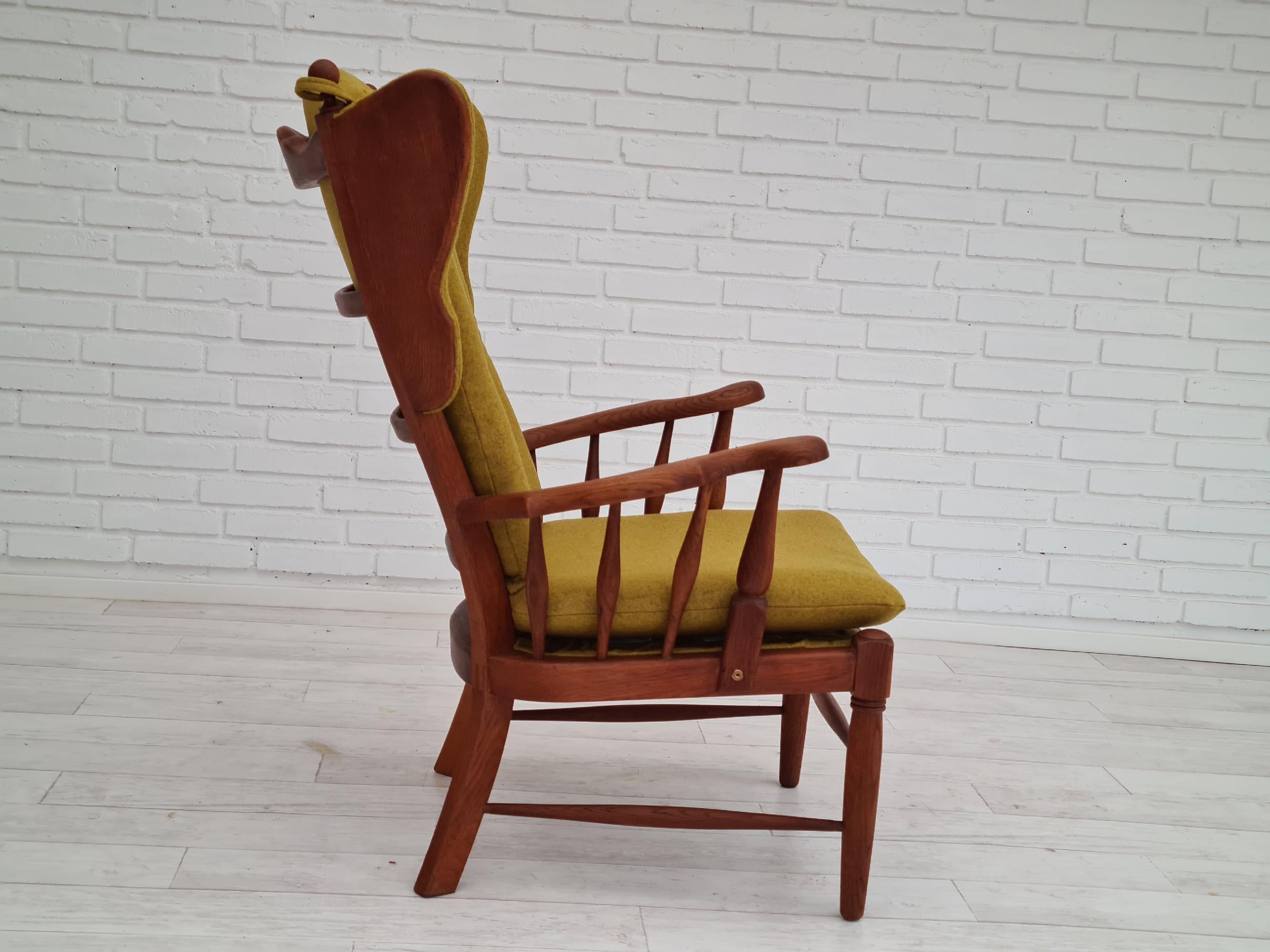 Wool 60s, reupholstered Danish high-backed ear flap chair, solid oak, furniture wool