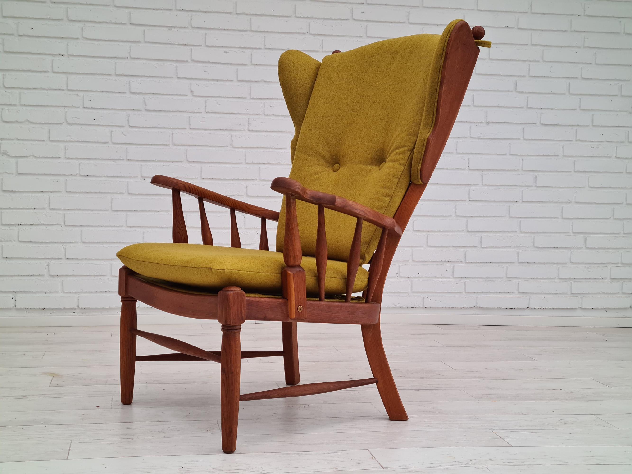 60s, reupholstered Danish high-backed ear flap chair, solid oak, furniture wool 2