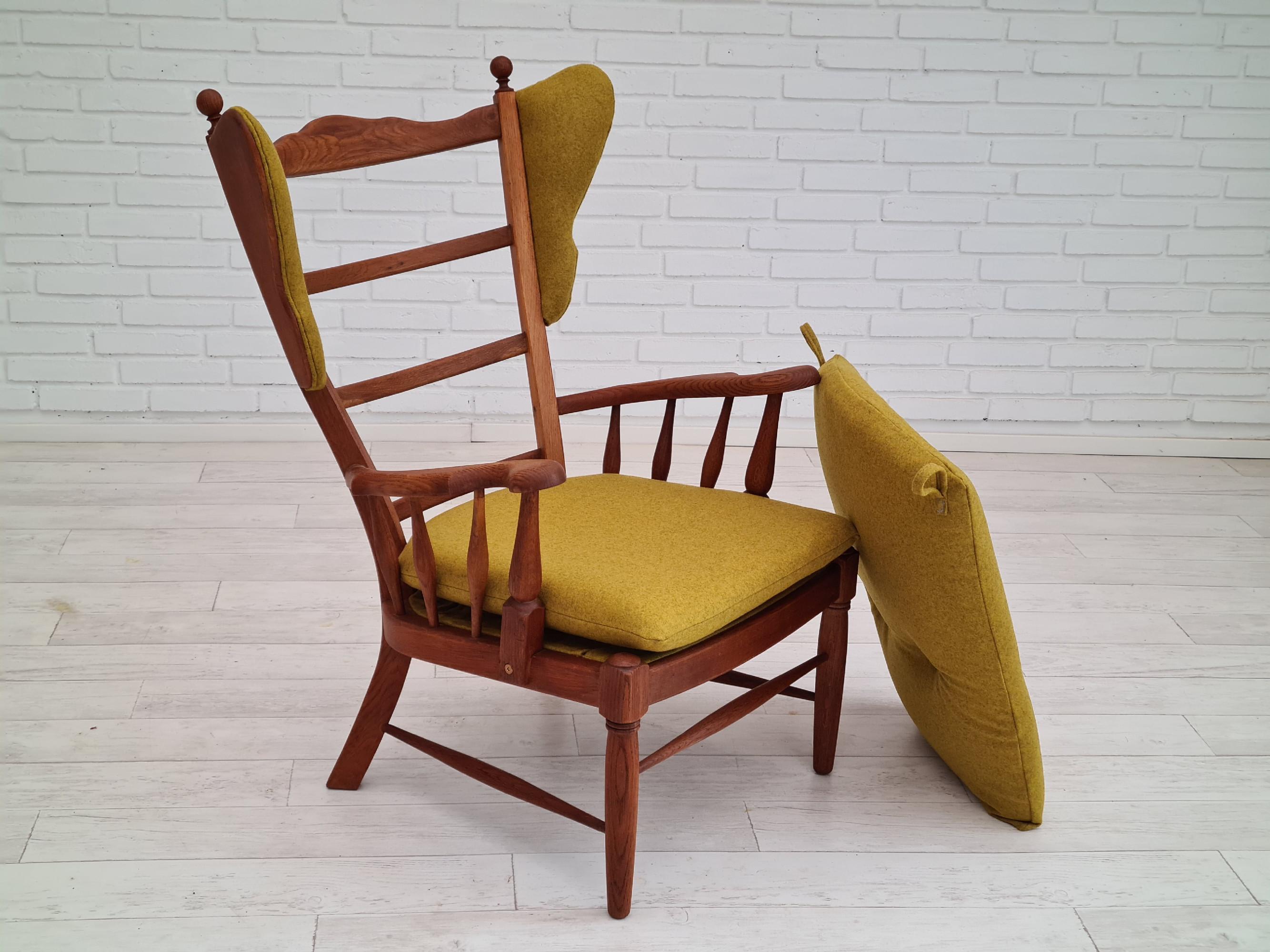 60s, reupholstered Danish high-backed ear flap chair, solid oak, furniture wool 3
