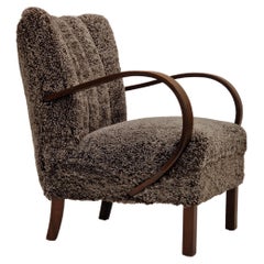 Retro 60s, Scandinavian Design, Reupholstered Art Deco Armchair, Genuine Sheepskin
