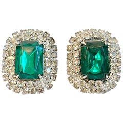 60'S Silver & Austrian Crystal "Emerald" &" Diamond" Earrings