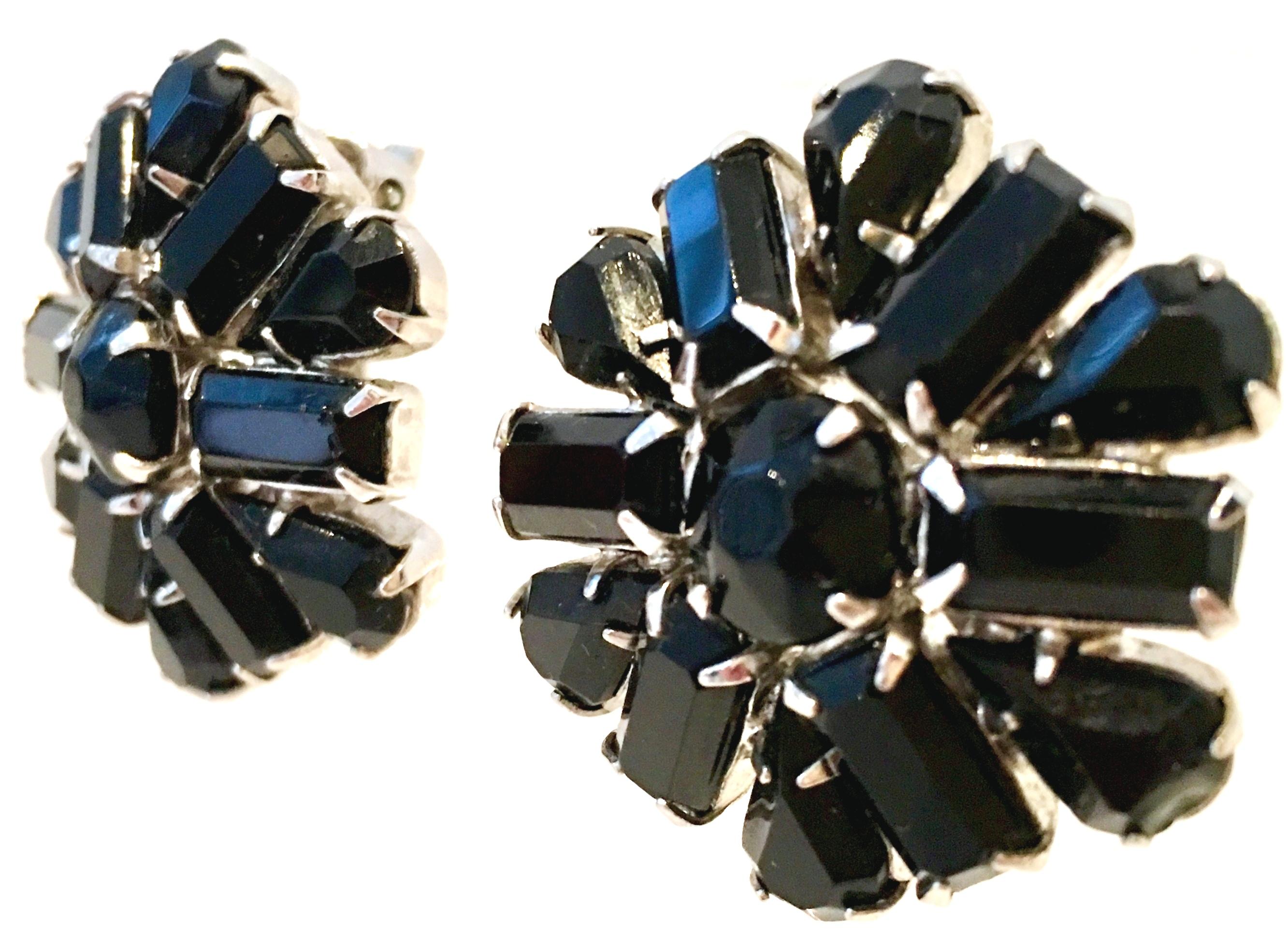 Women's or Men's 60'S Silver & Black Molded Glass Abstract Flower Earrings By, Weiss For Sale