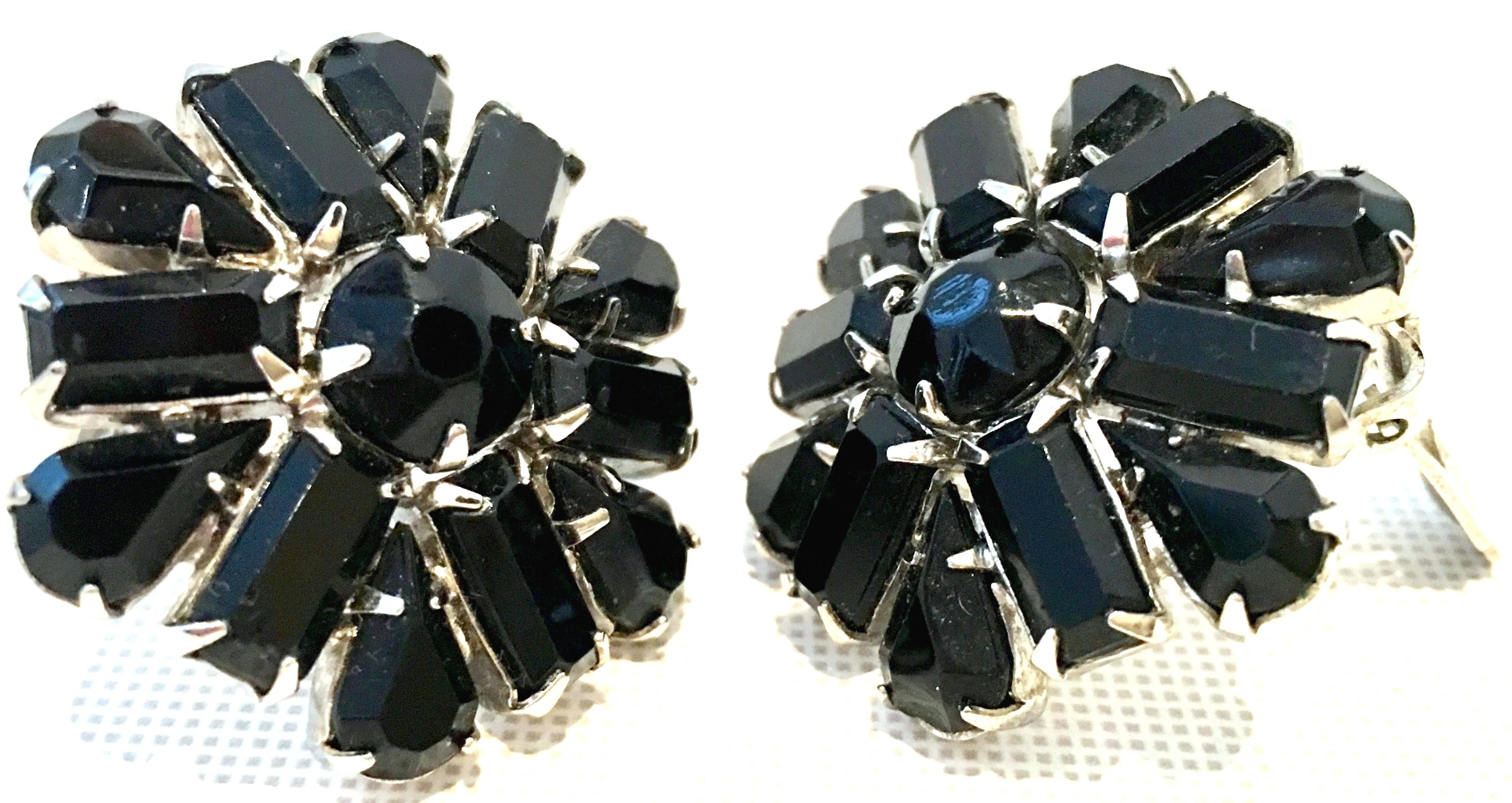 60'S Silver & Black Molded Glass Abstract Flower Earrings By, Weiss For Sale 1