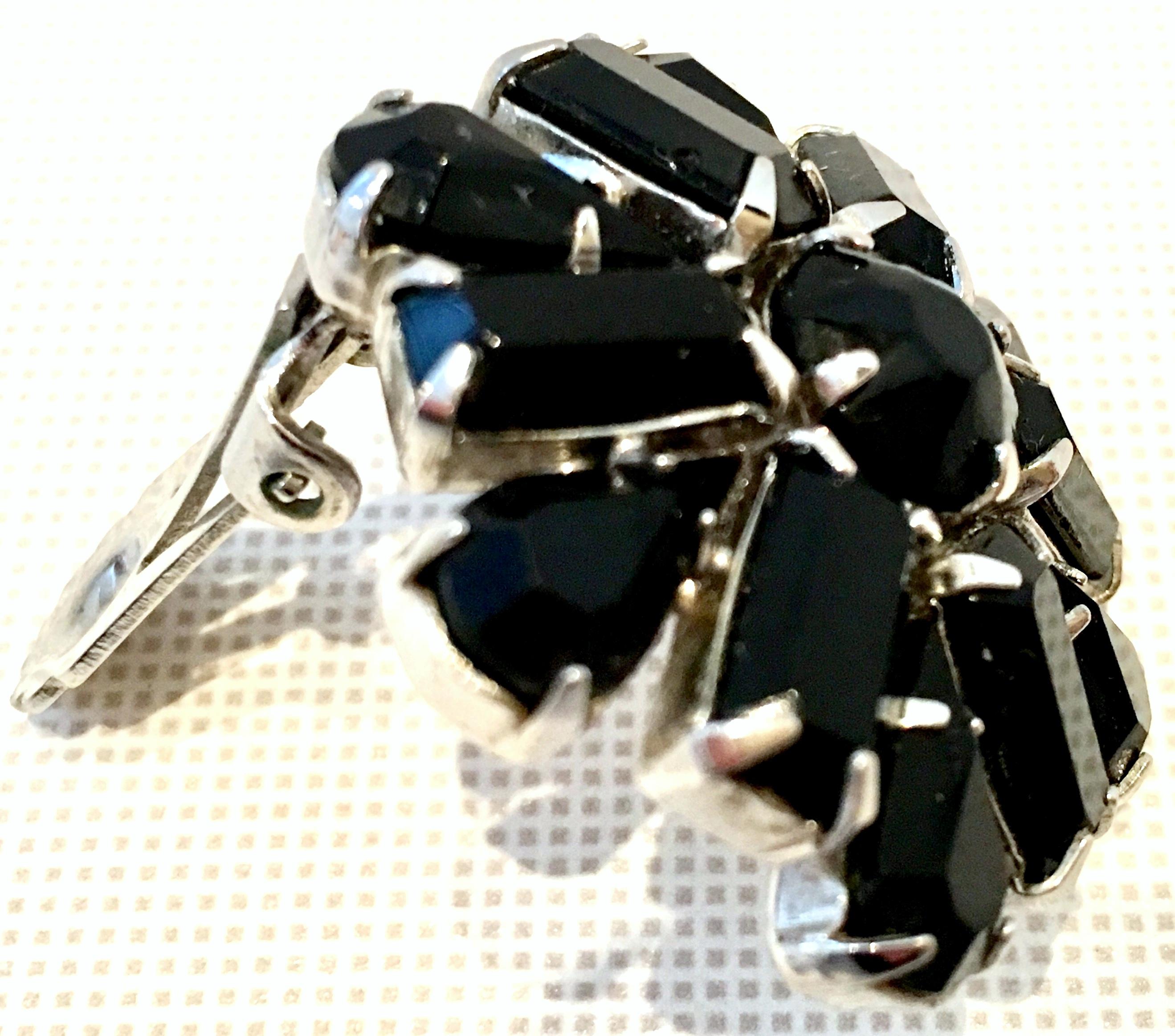 60'S Silver & Black Molded Glass Abstract Flower Earrings By, Weiss For Sale 1