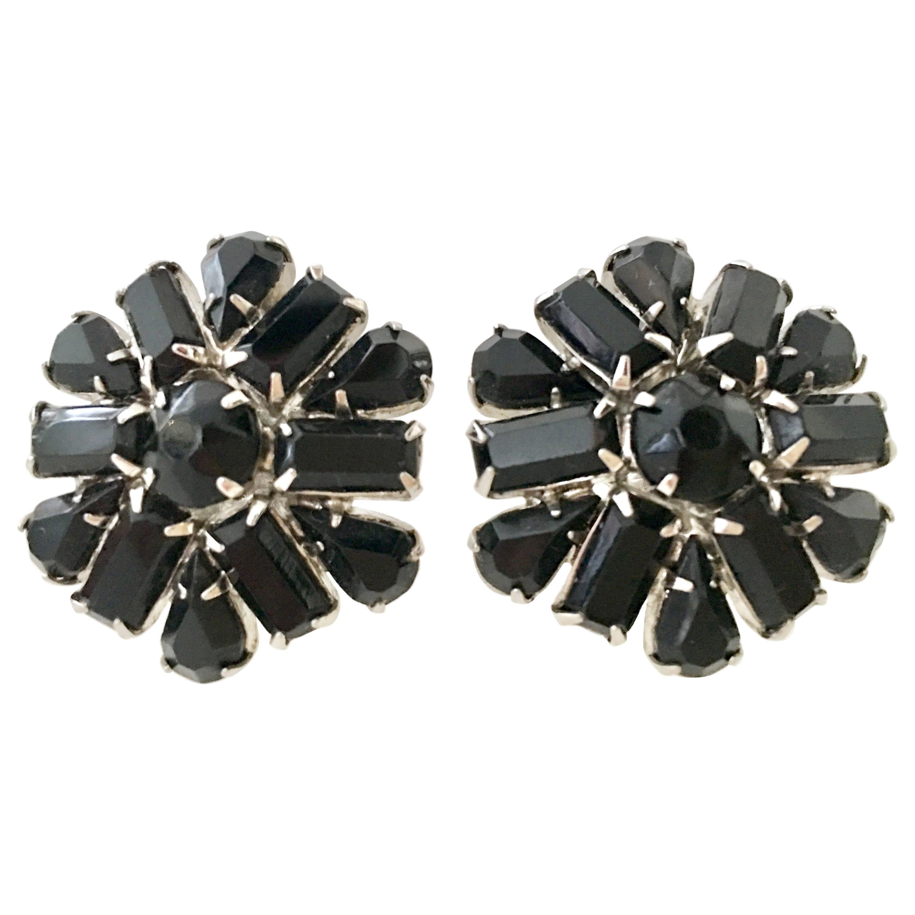 60'S Silver & Black Molded Glass Abstract Flower Earrings By, Weiss For Sale