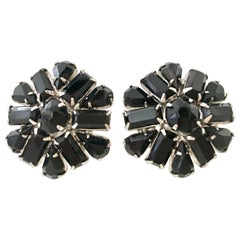 60'S Silver & Black Molded Glass Abstract Flower Earrings By, Weiss