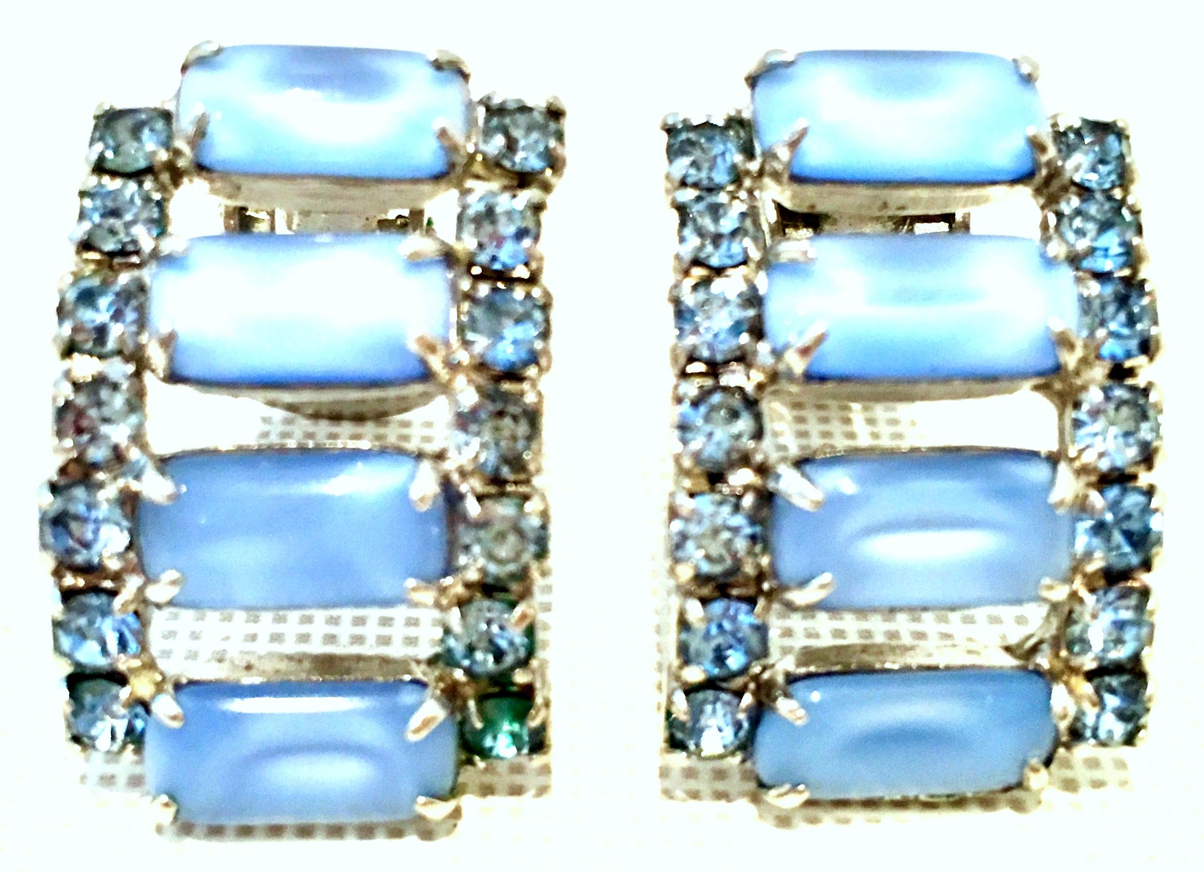 1960'S Silver Rhodium Plate Blue Art Glass Moonstone & Blue Sapphire Swarovski Crystal Rhinestone Clip Style Earrings. 