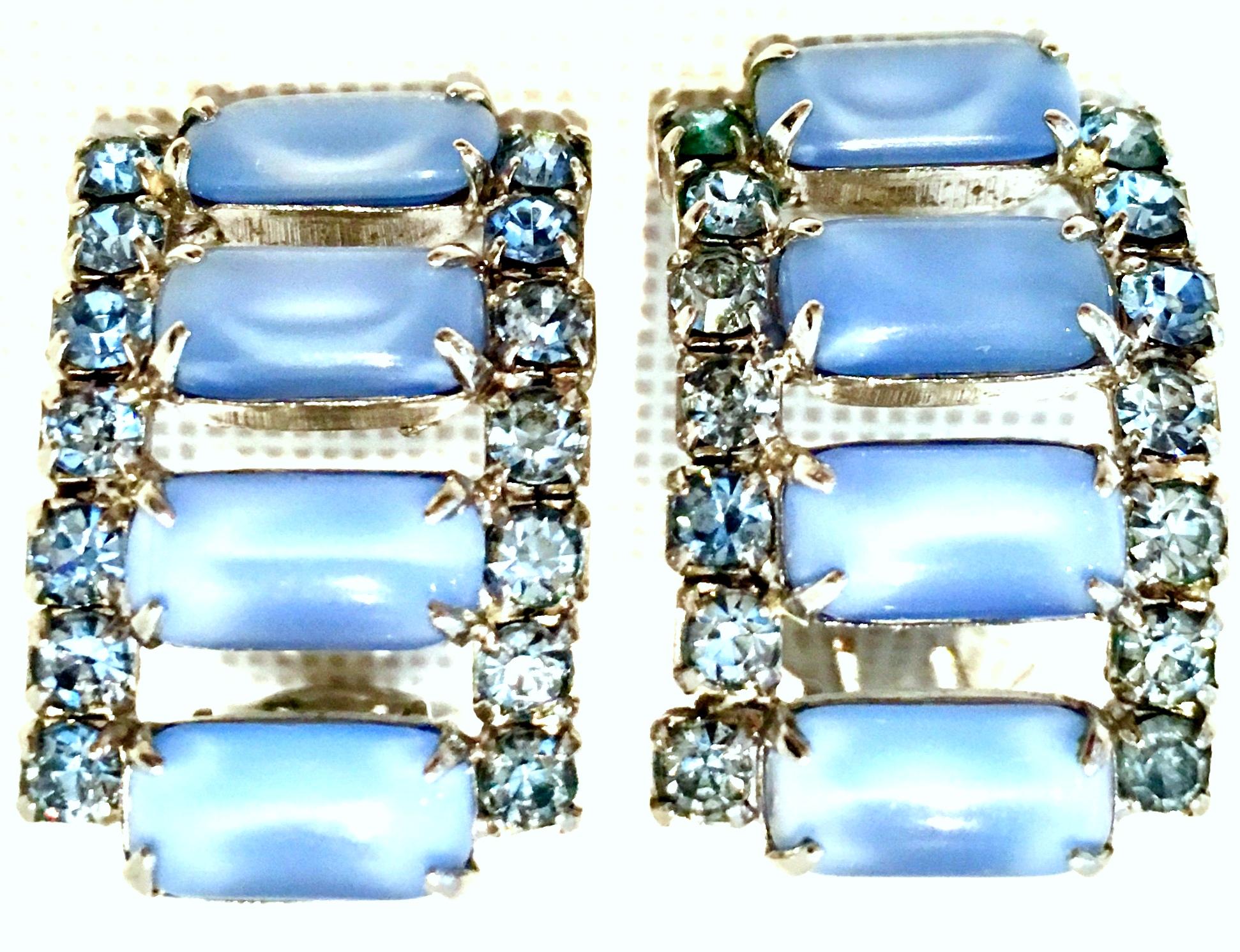 60'S Silver Blue Glass Moonstone & Swarovski Crystal Earrings In Good Condition In West Palm Beach, FL