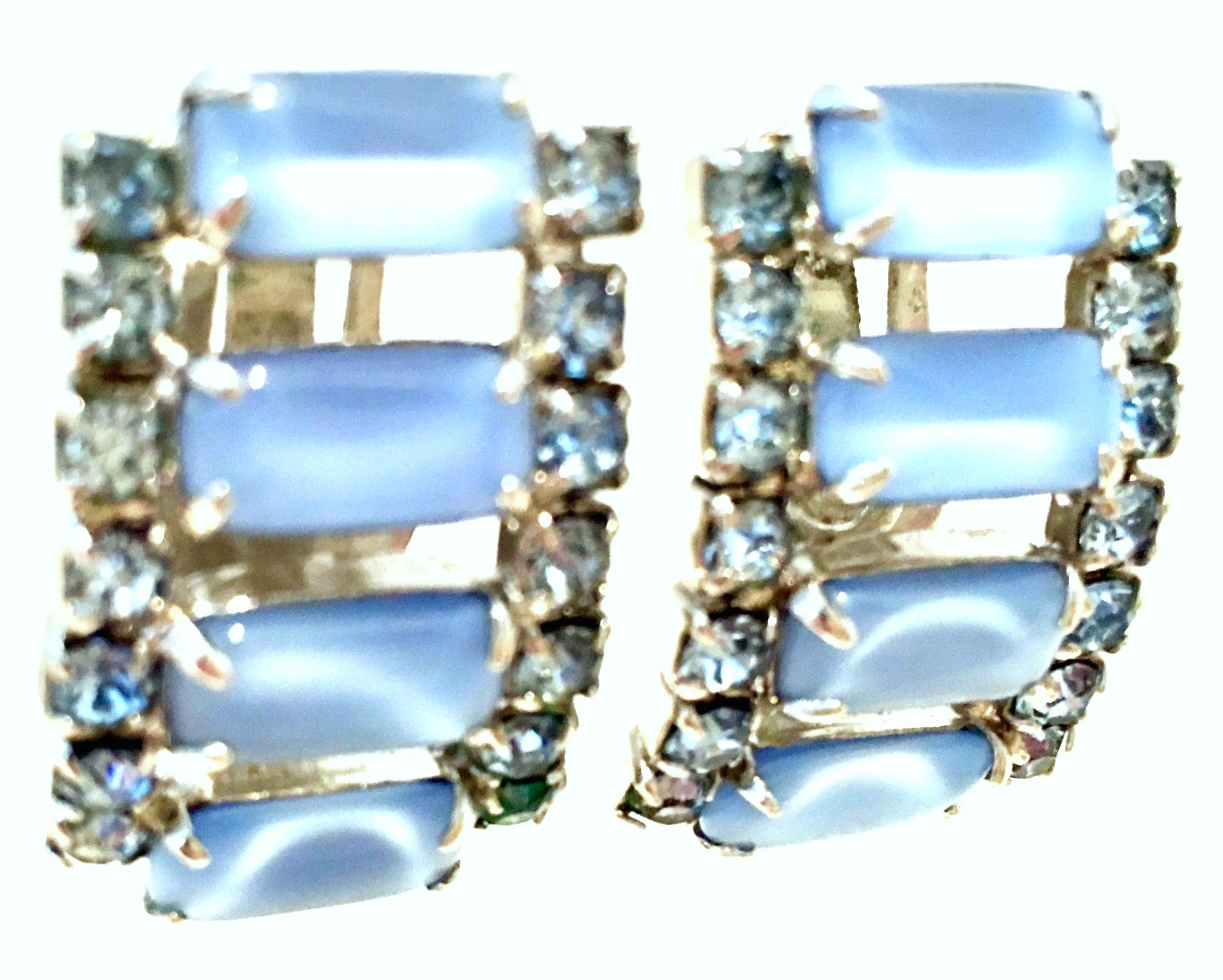 Women's or Men's 60'S Silver Blue Glass Moonstone & Swarovski Crystal Earrings