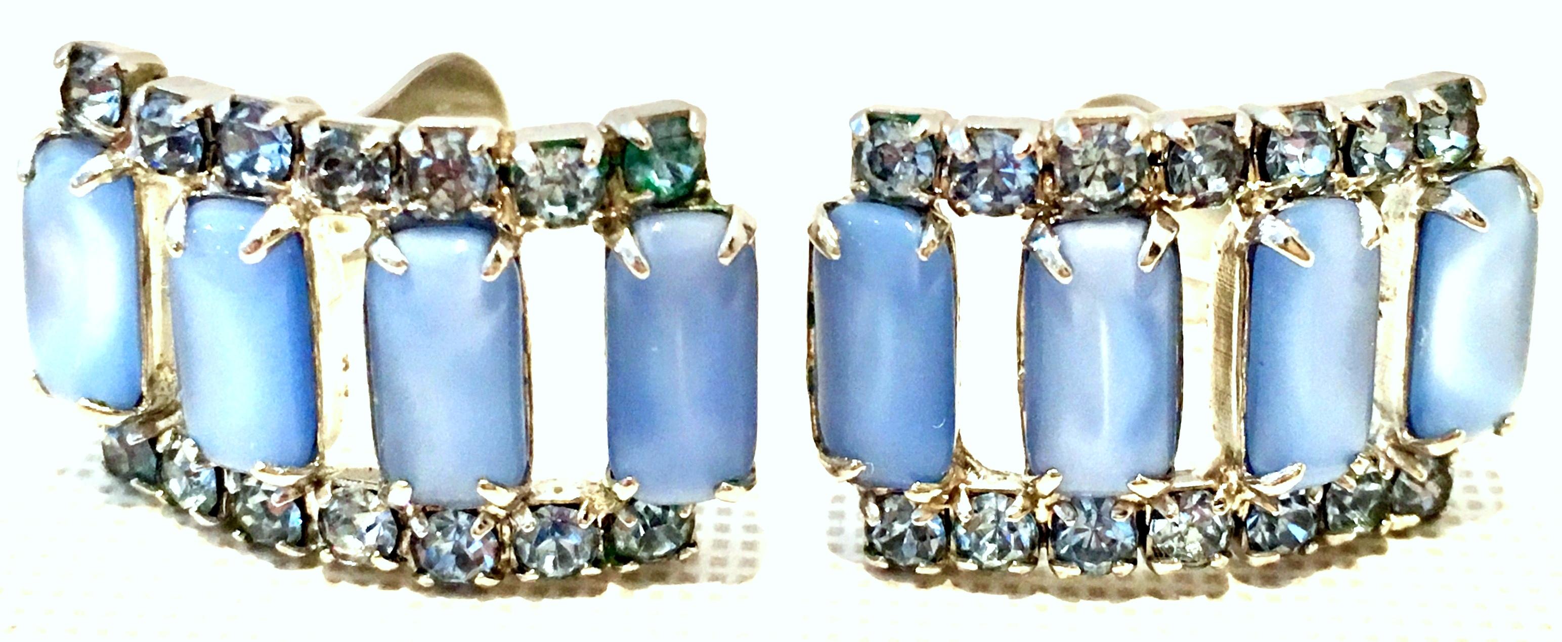 60'S Silver Blue Glass Moonstone & Swarovski Crystal Earrings 1