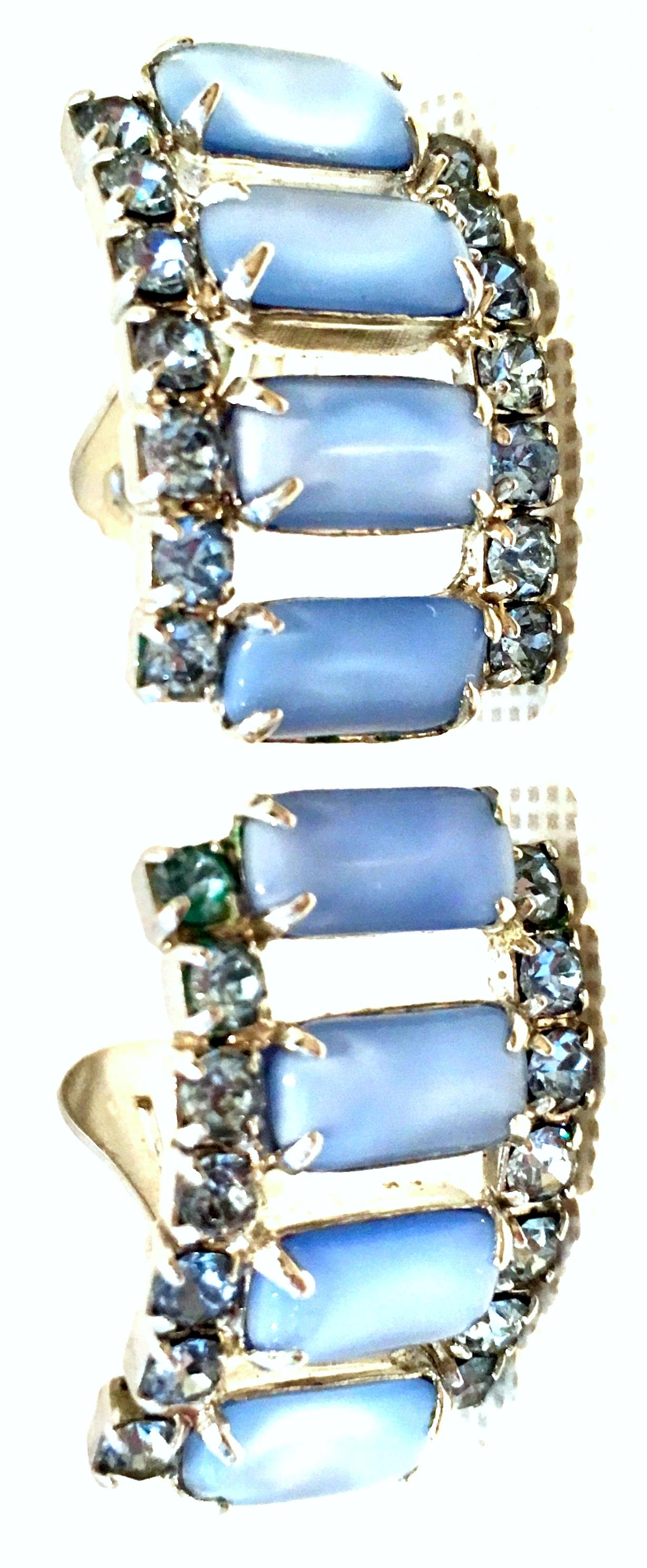 60'S Silver Blue Glass Moonstone & Swarovski Crystal Earrings 2