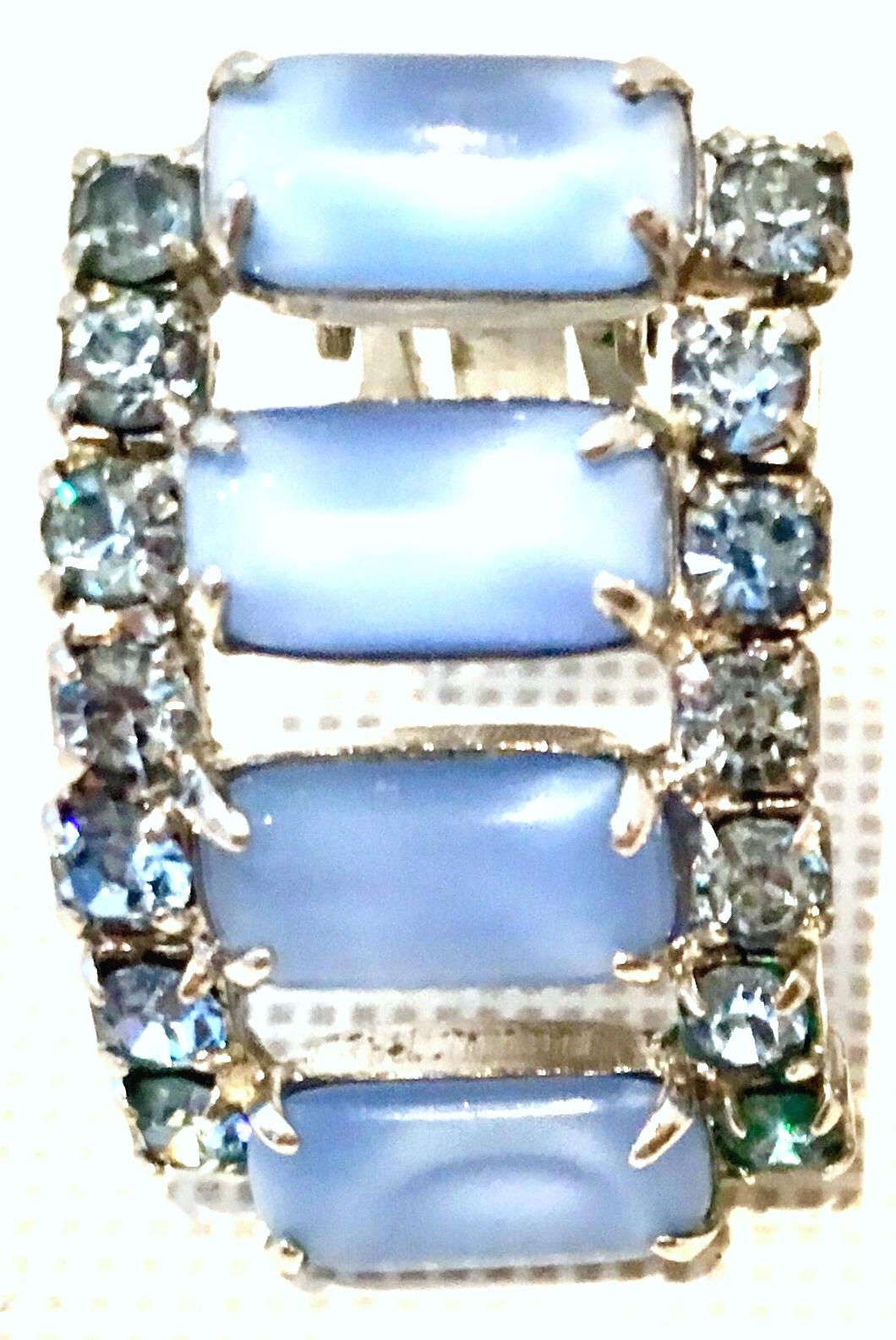 60'S Silver Blue Glass Moonstone & Swarovski Crystal Earrings 3