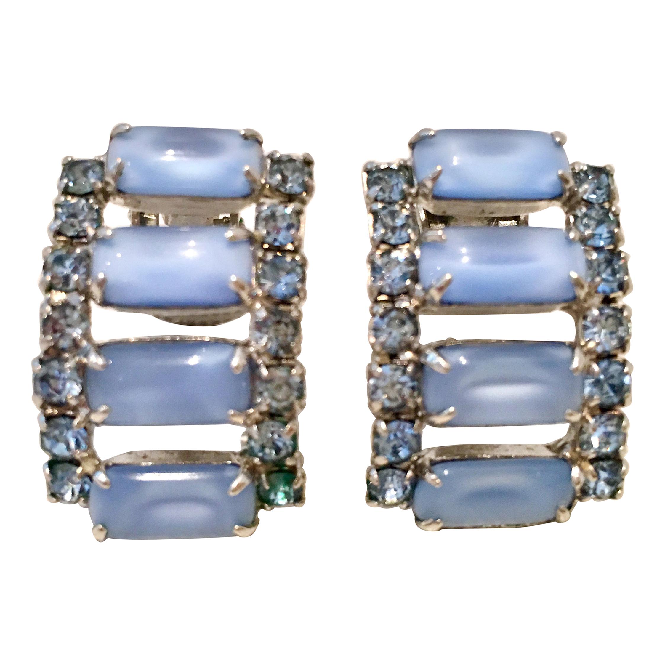 60'S Silver Blue Glass Moonstone & Swarovski Crystal Earrings